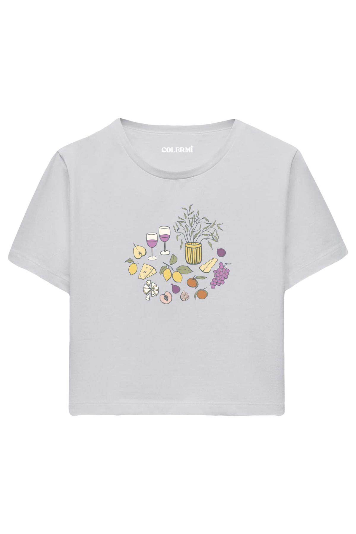 Colermi Natürmort Meyve ve Kadeh Baskılı %100 Pamuk Kadın Crop Tshirt