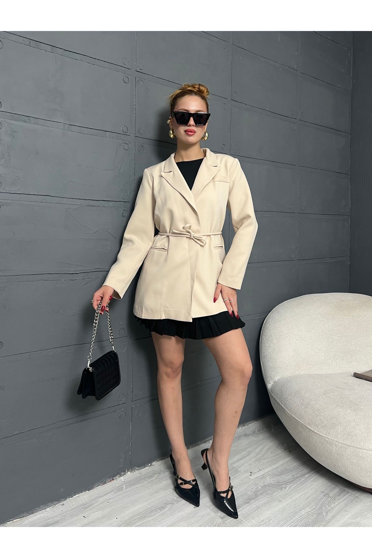 Leo Ferre Kadın Siyah Bel Bağlamalı Oversize ceket