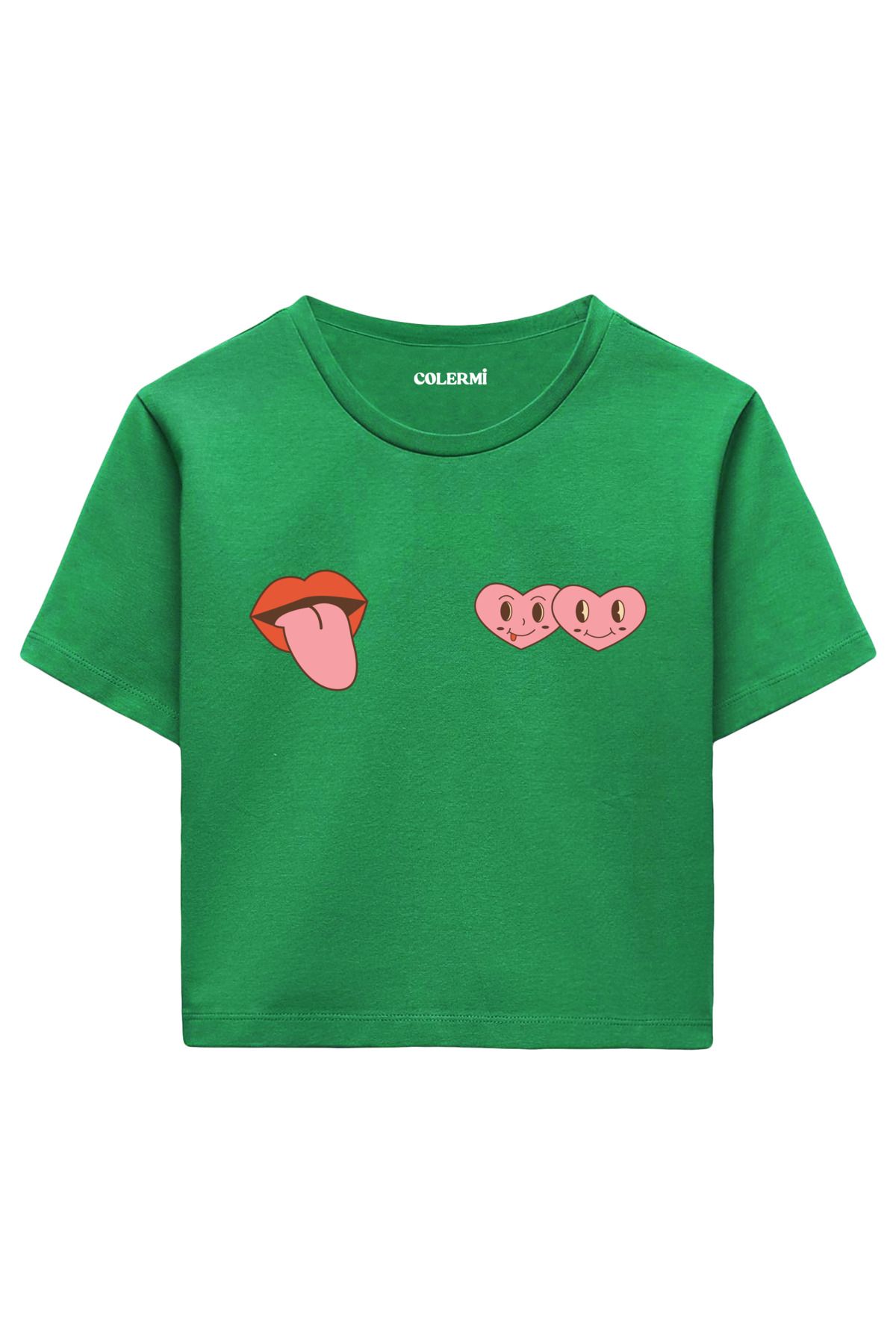 Colermi Dudak ve Kalp Emoji Baskılı %100 Pamuk Kadın Crop Tshirt