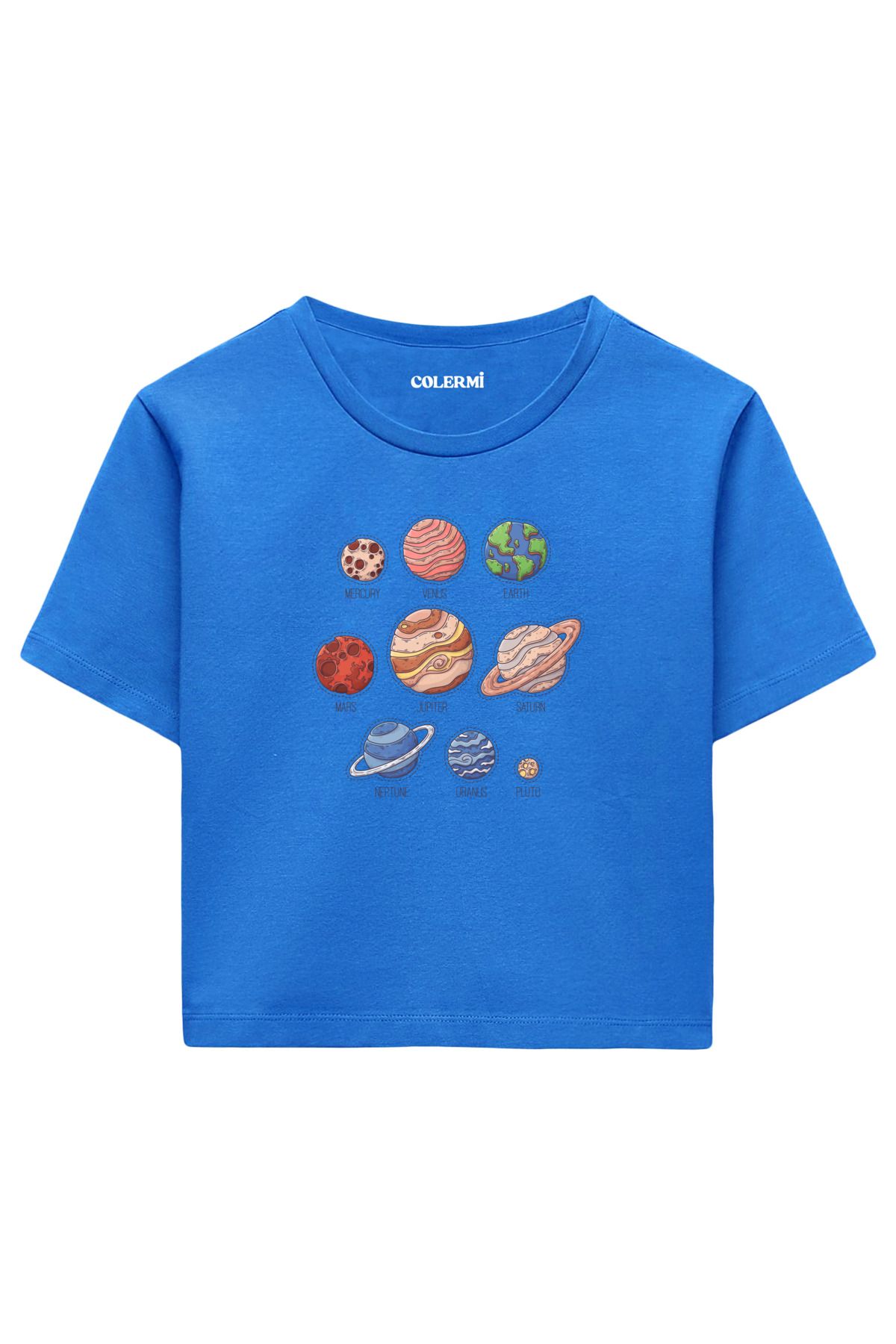 Colermi Güneş Sistemi Gezegenleri Baskılı %100 Pamuk Kadın Crop Tshirt