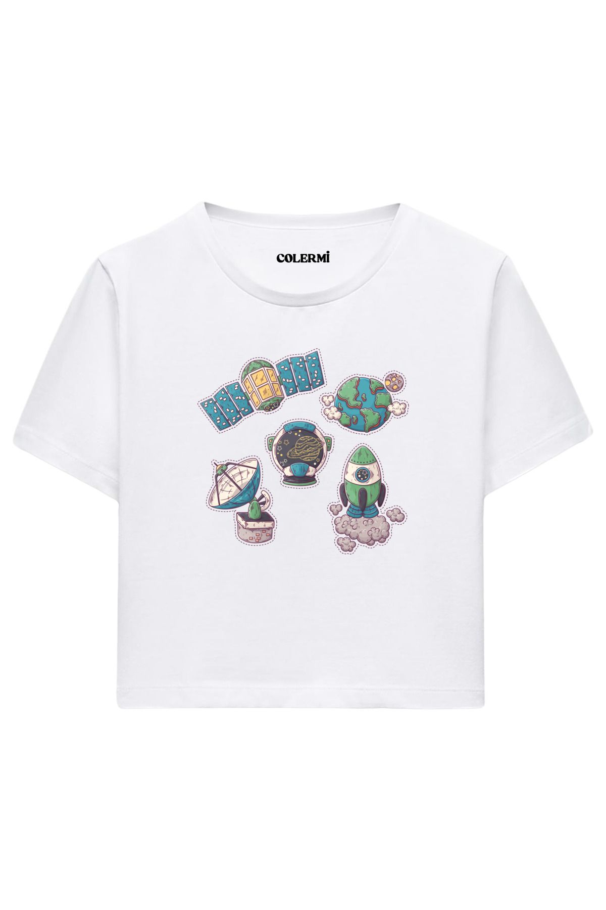 Colermi Uzay Keşif Temalı %100 Pamuk Kadın Crop Tshirt