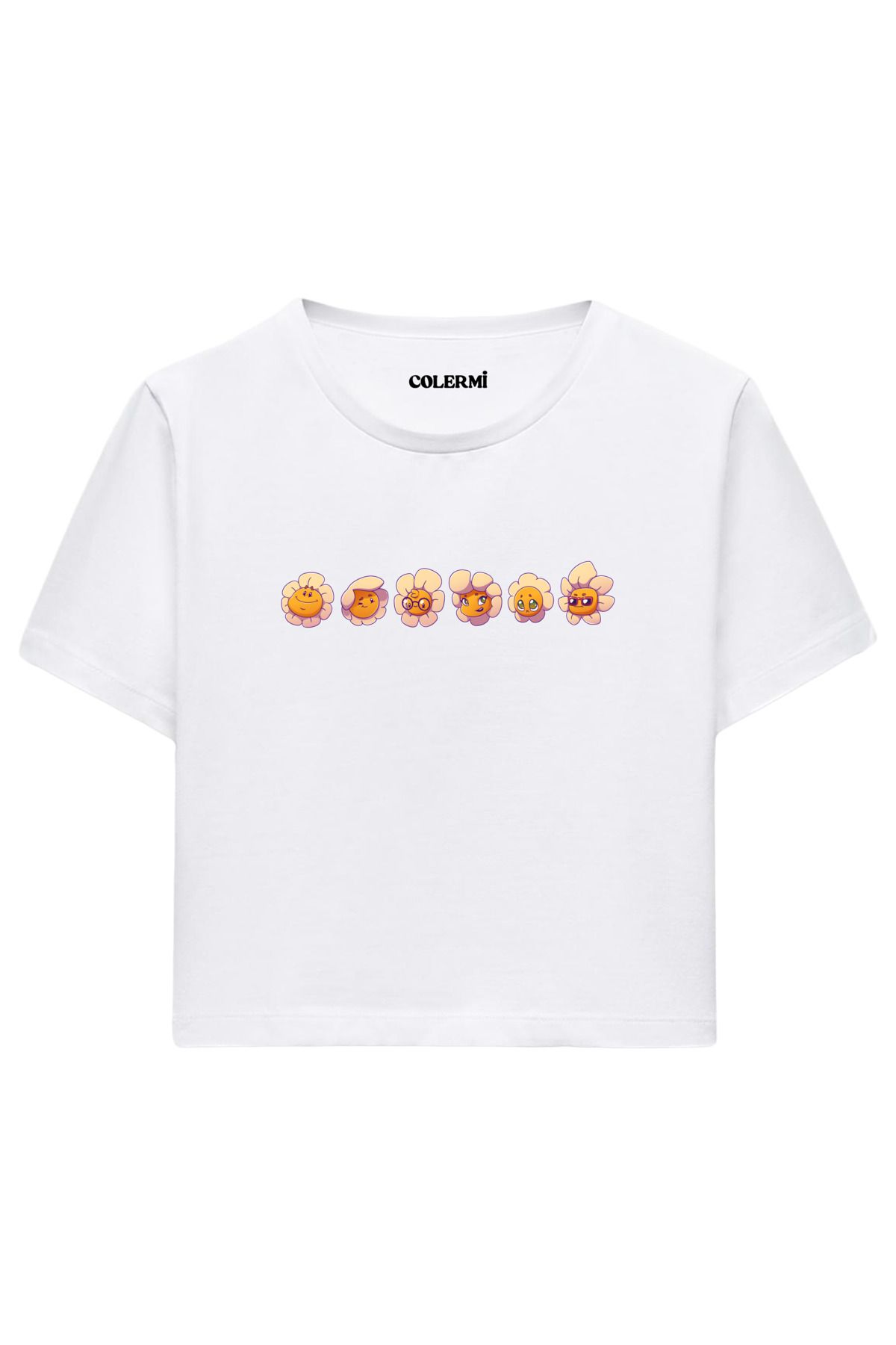 Colermi Emoji Çiçek Karakter Baskılı %100 Pamuk Kadın Crop Tshirt