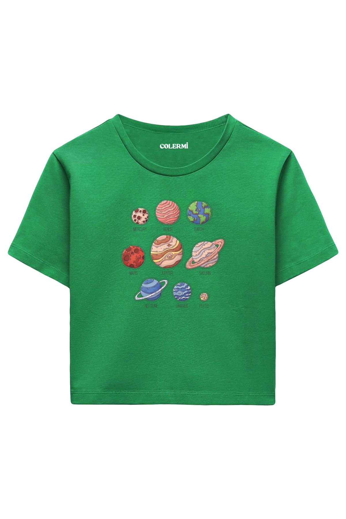 Colermi Güneş Sistemi Gezegenleri Baskılı %100 Pamuk Kadın Crop Tshirt