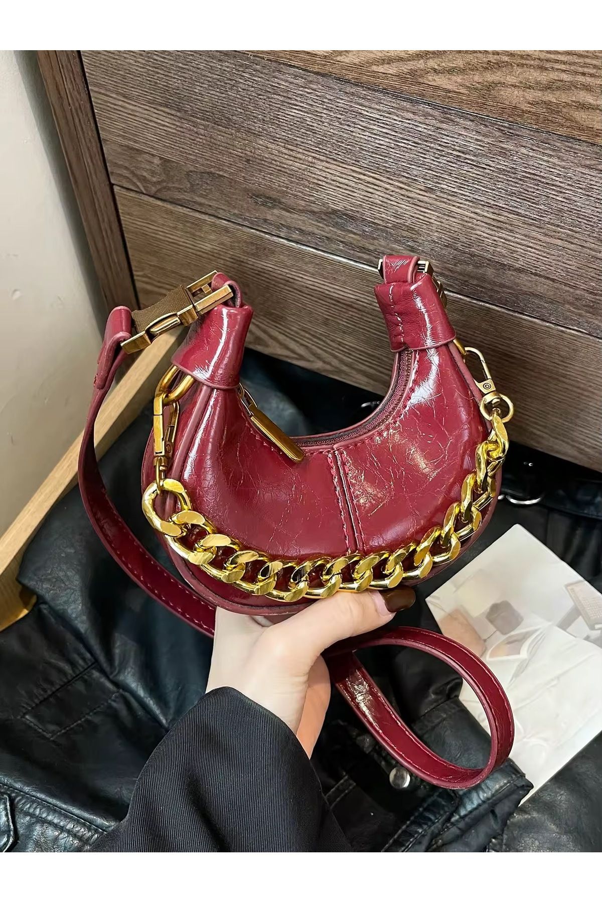 Mojeva MAYA Zincir Detay Mini Bordo Kadın El, Kol ve Omuz Çantası