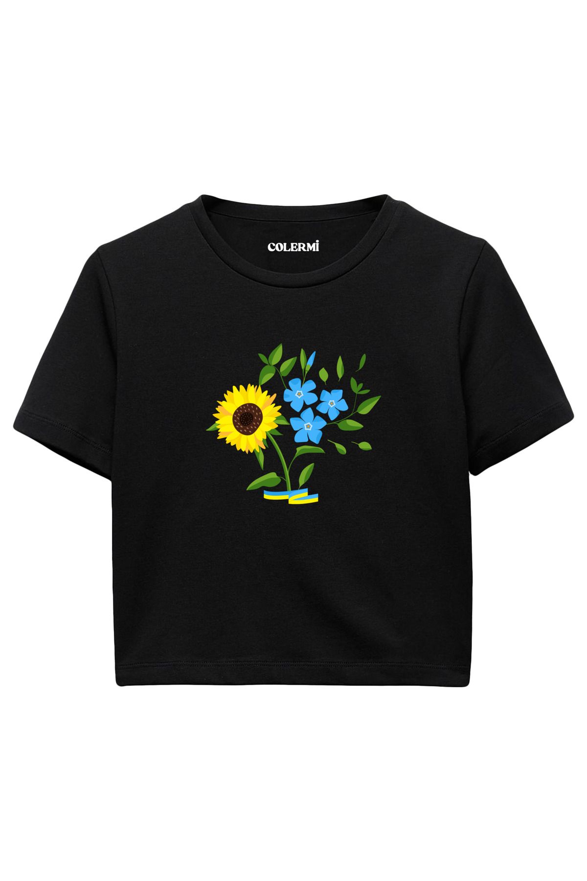 Colermi Ayçiçeği ve Mavi Çiçek Baskılı %100 Pamuk Kadın Crop Tshirt