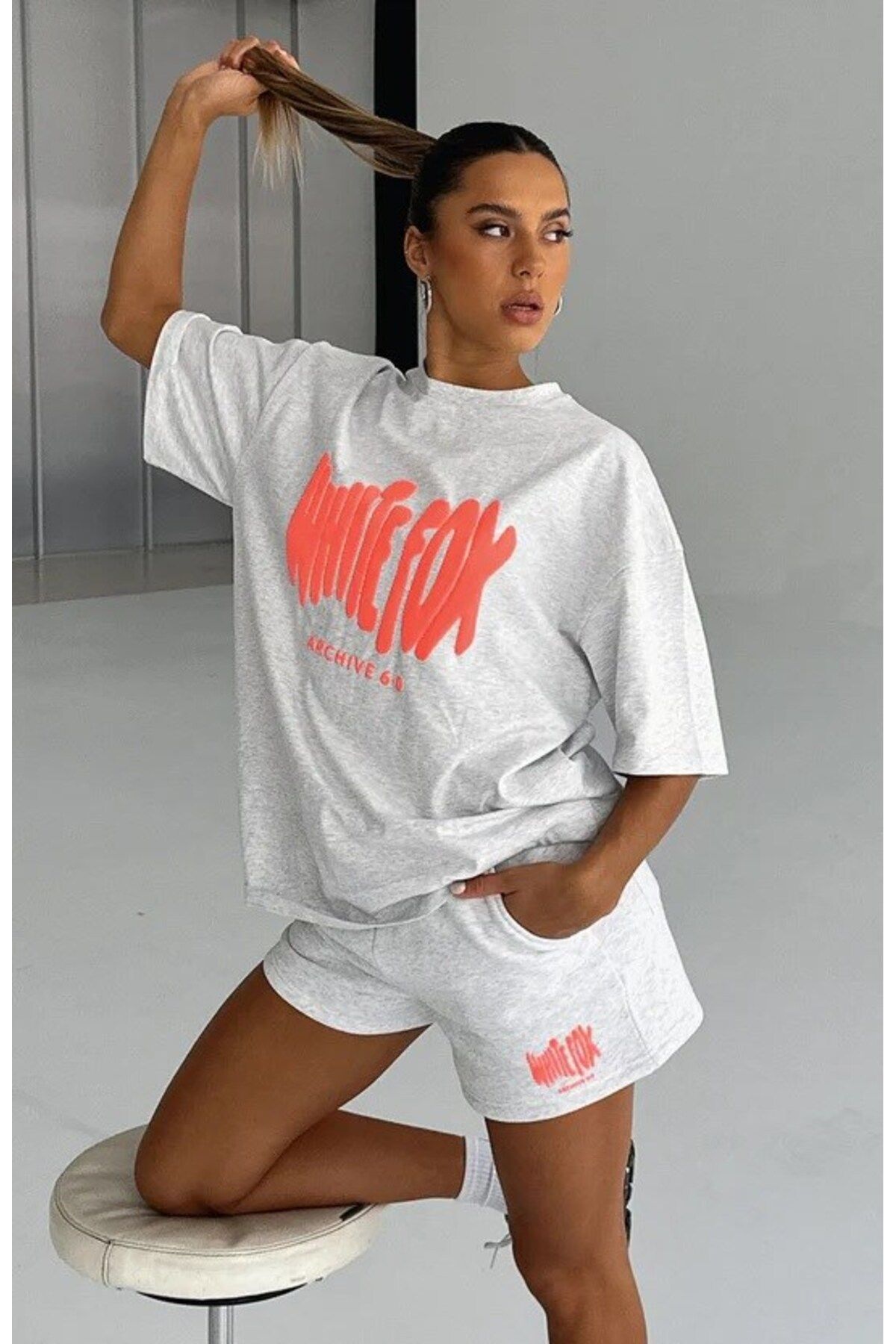 The Champ Clothing Kadın WF Baskılı Rahat Kesim %100 Pamuklu Şor Tişört Takım Gri Melanj