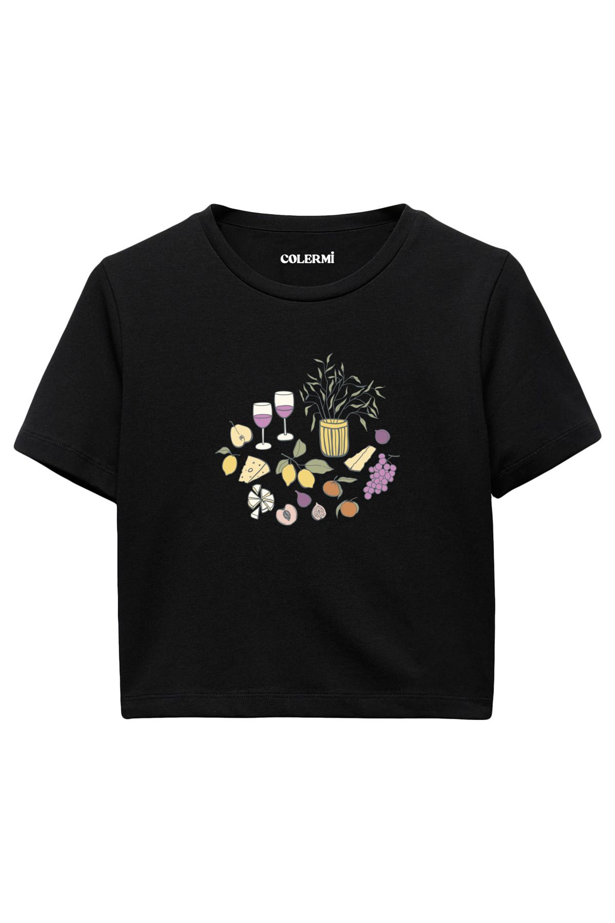 Colermi Natürmort Meyve ve Kadeh Baskılı %100 Pamuk Kadın Crop Tshirt