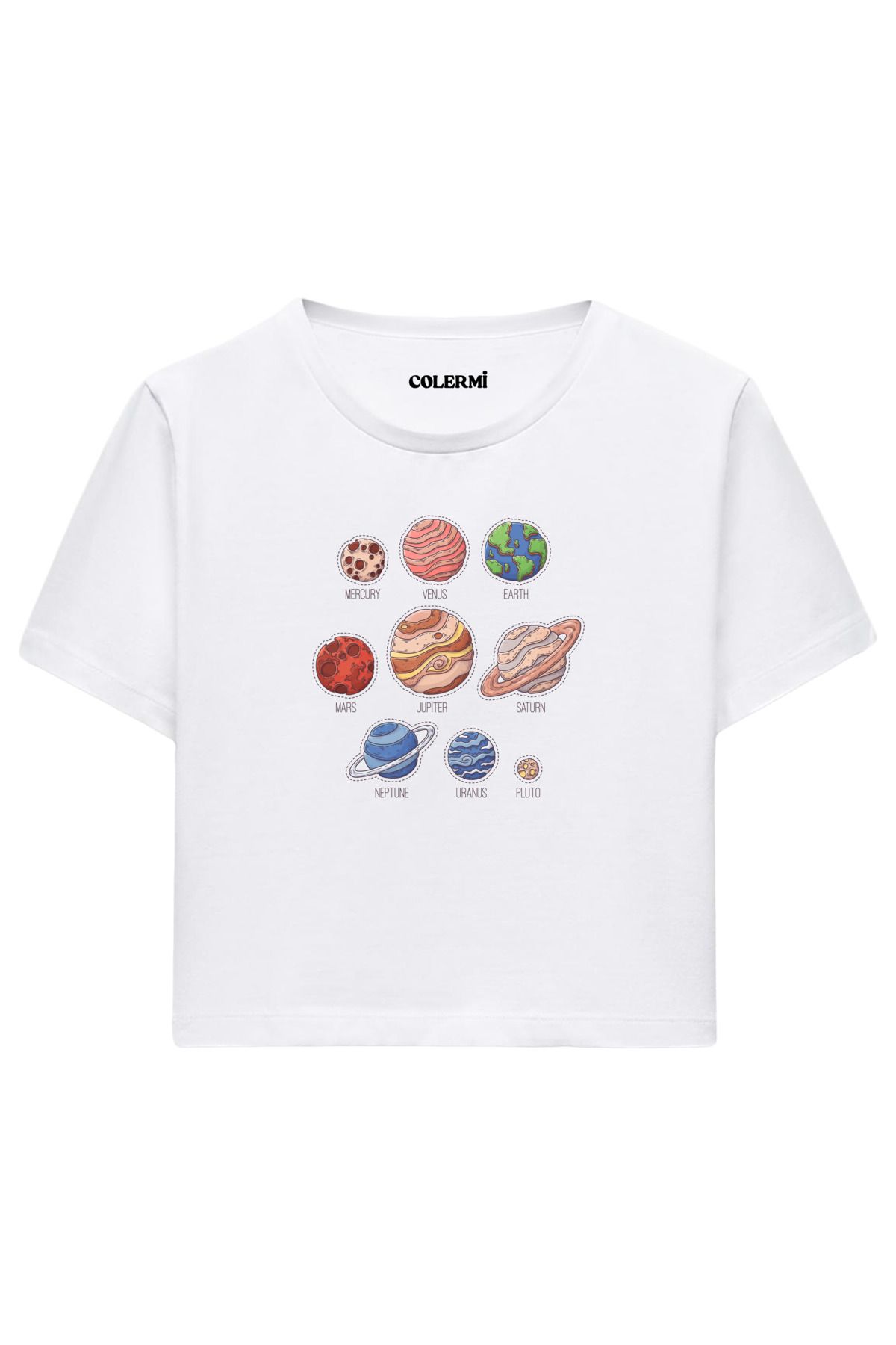 Colermi Güneş Sistemi Gezegenleri Baskılı %100 Pamuk Kadın Crop Tshirt