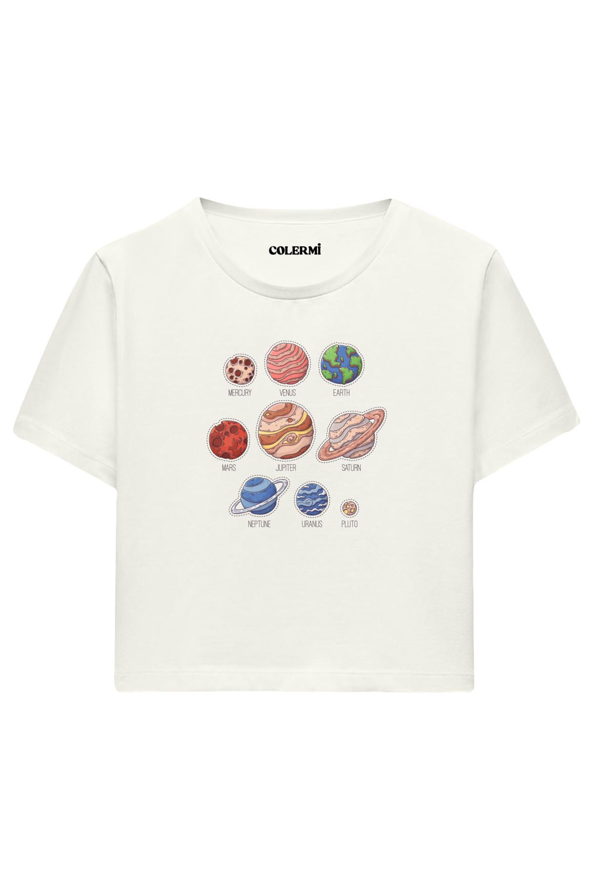 Colermi Güneş Sistemi Gezegenleri Baskılı %100 Pamuk Kadın Crop Tshirt