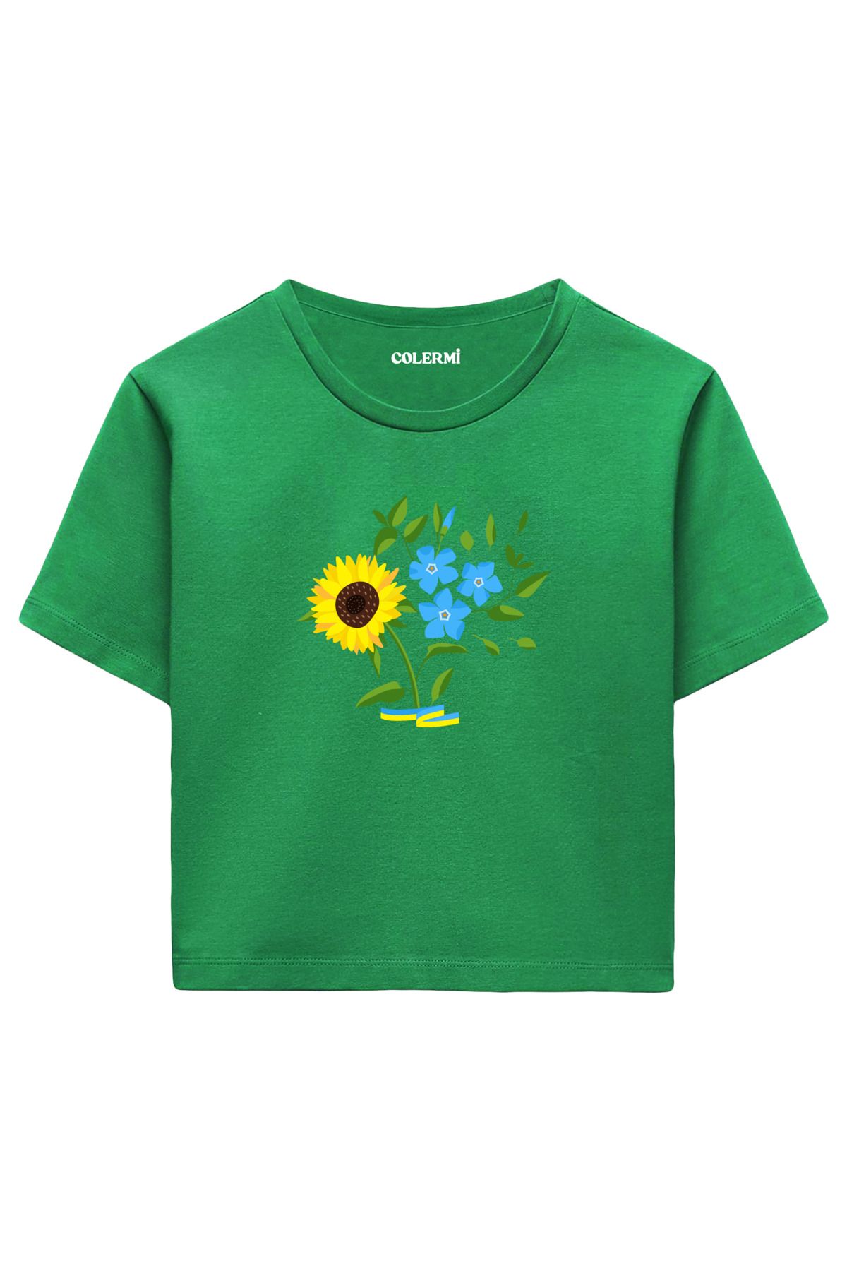 Colermi Ayçiçeği ve Mavi Çiçek Baskılı %100 Pamuk Kadın Crop Tshirt