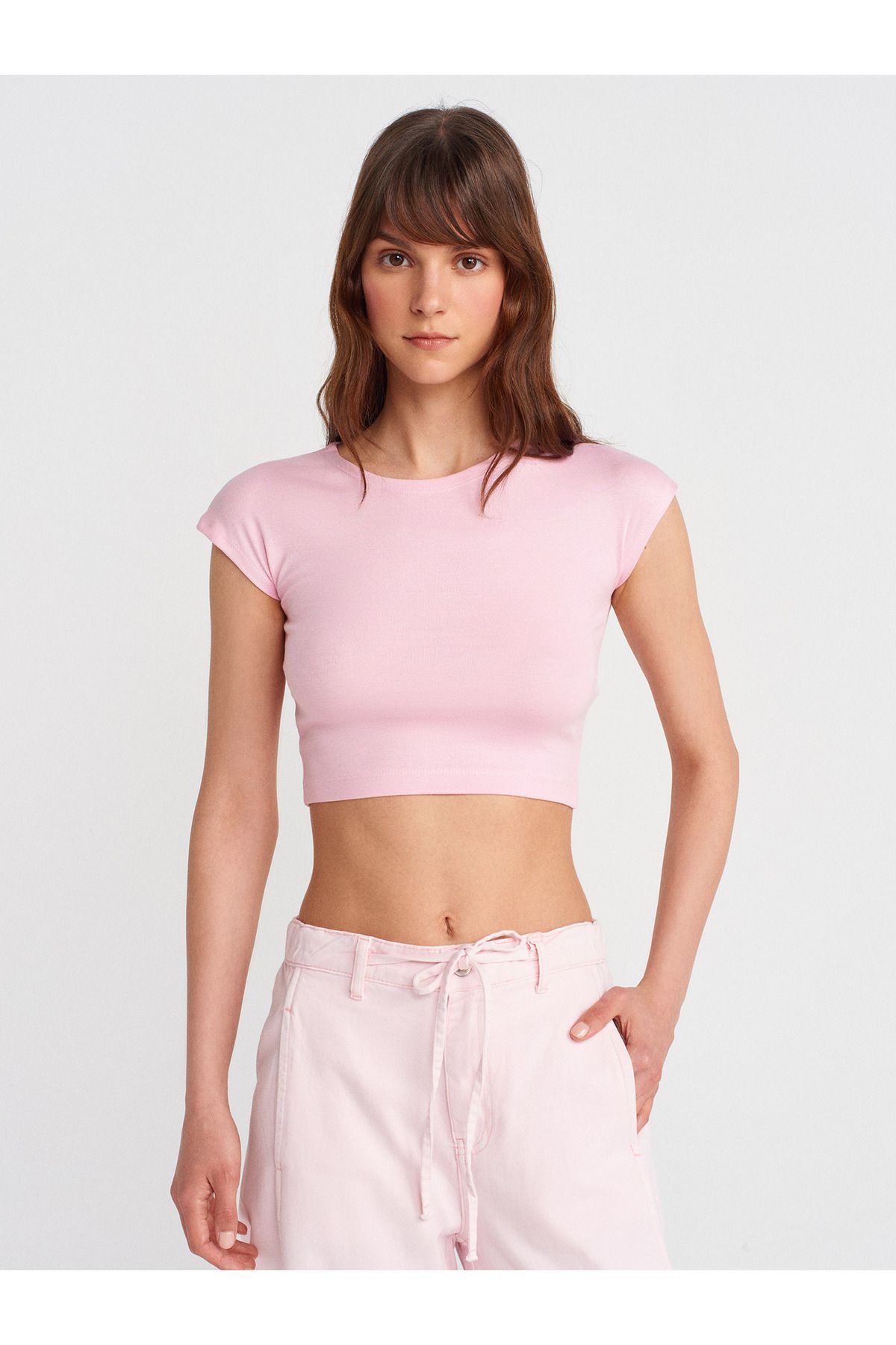 Dilvin 30528 Pamuk ve Modal Karışımlı Crop Top-Toz Pembe