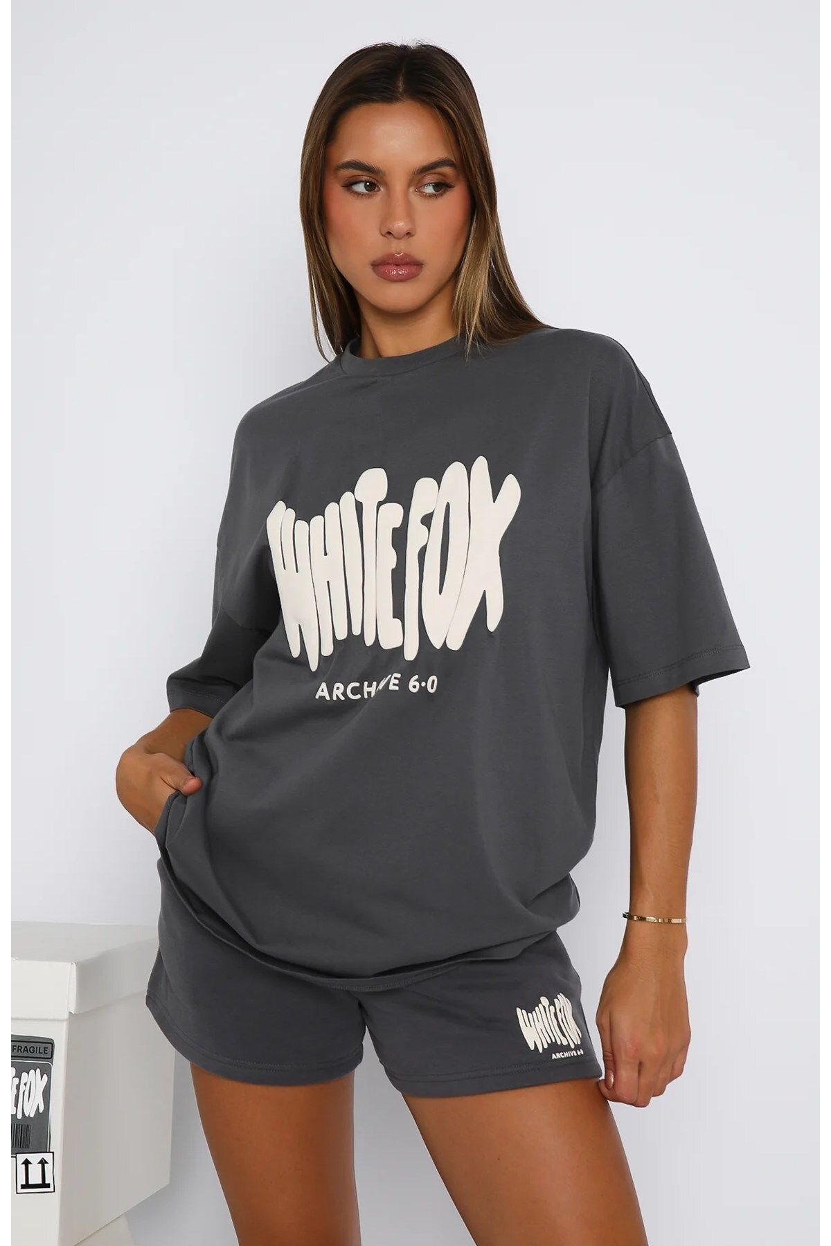 The Champ Clothing Kadın WF Baskılı Rahat Kesim %100 Pamuklu Şor Tişört Takım Füme