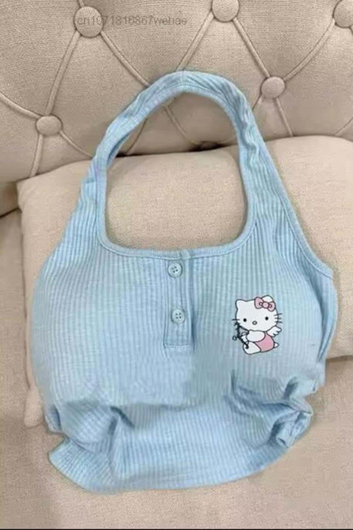 Karakedi Boyun Bağlama Mavi Fitilli Hello Kitty Crop Bluz