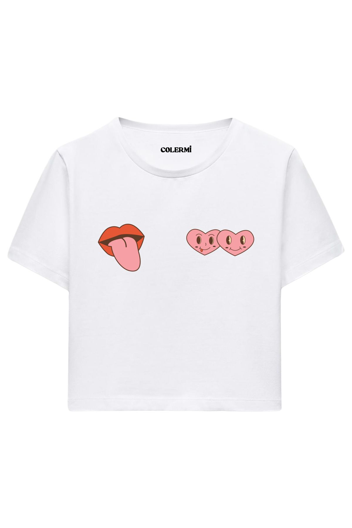 Colermi Dudak ve Kalp Emoji Baskılı %100 Pamuk Kadın Crop Tshirt