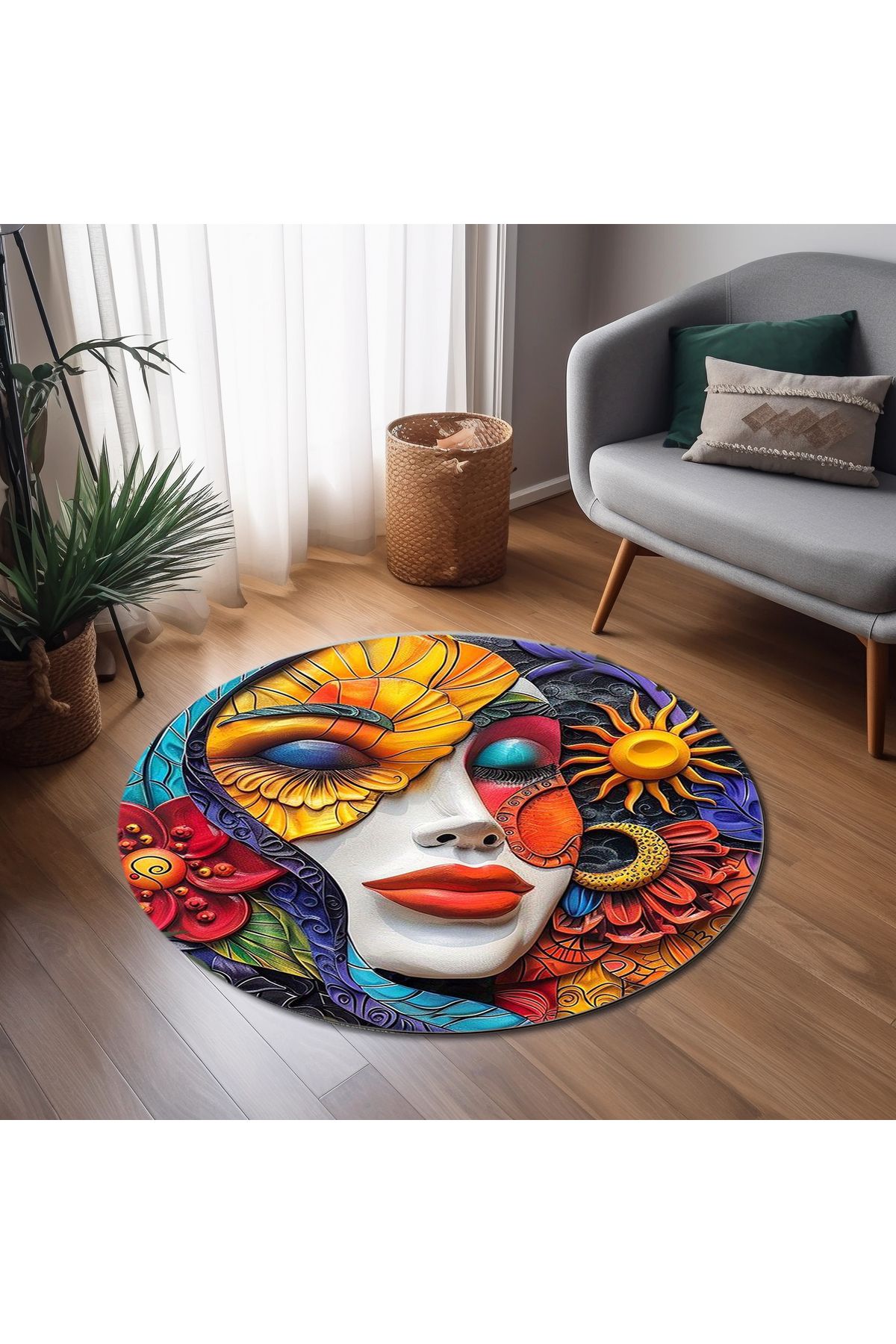 Rugs Modern Halı Alya Koleksiyonu Çok Renkli Yüz ve Güneş Detaylı Dokuma Taban Yuvarlak Dekoratif Halı alya85