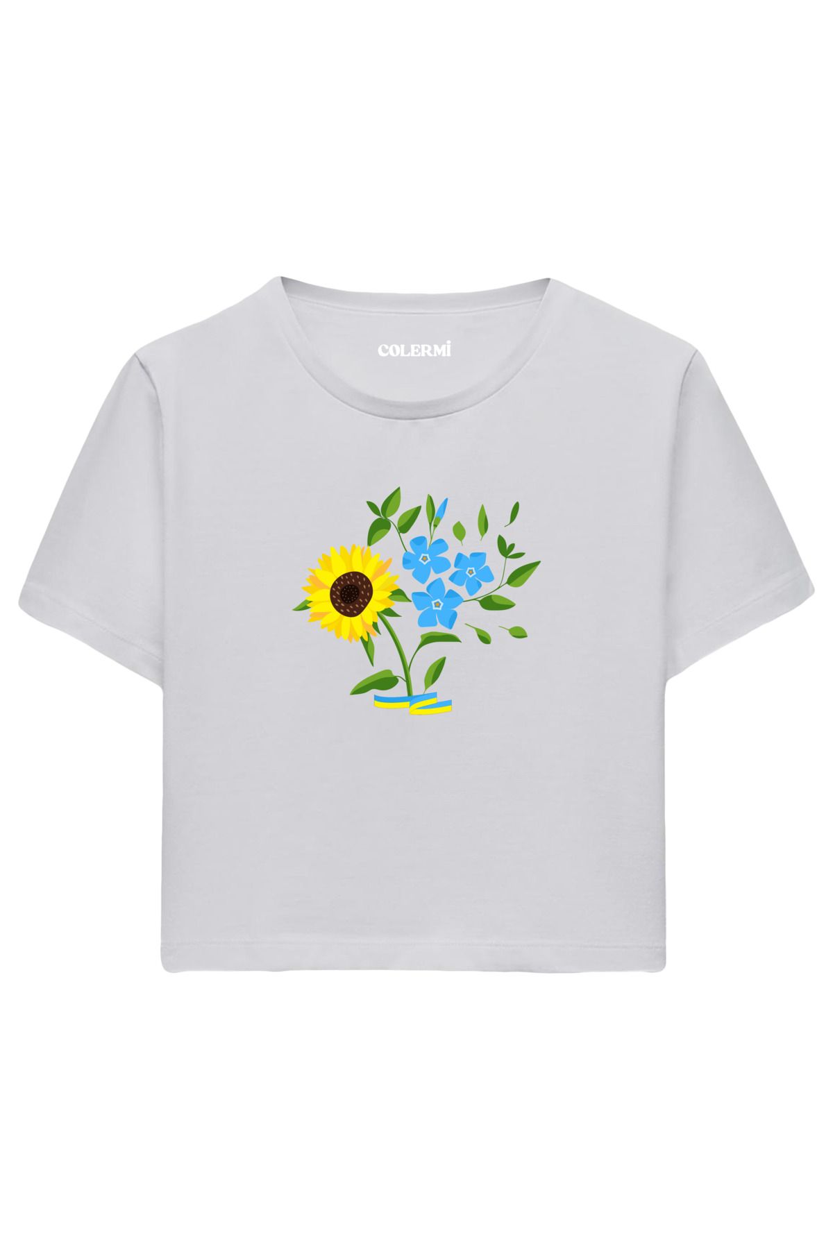 Colermi Ayçiçeği ve Mavi Çiçek Baskılı %100 Pamuk Kadın Crop Tshirt