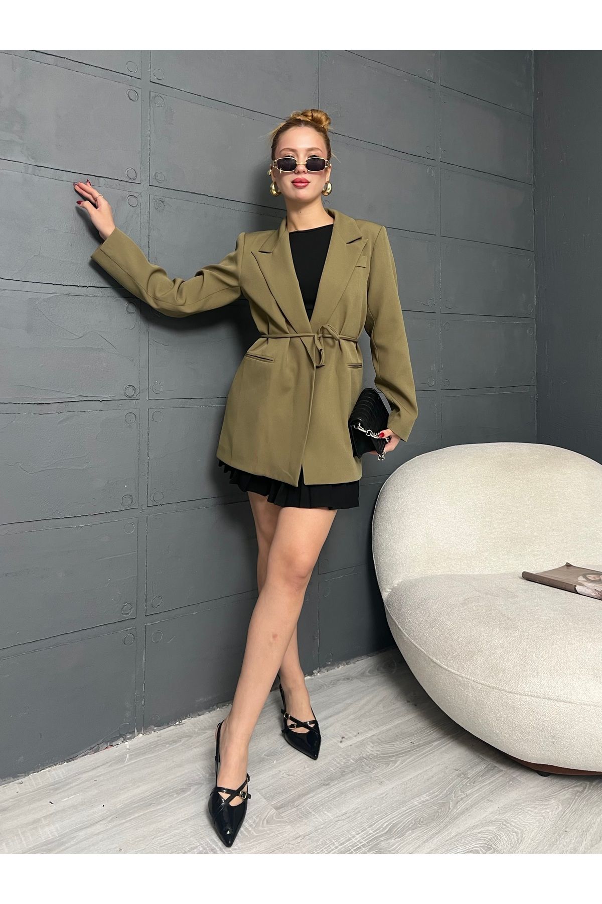 Leo Ferre Kadın Siyah Bel Bağlamalı Oversize ceket