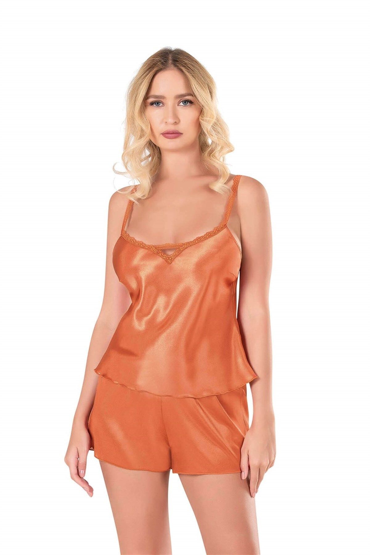 Shop58 Oranj Saten Babydoll Şort Takımı