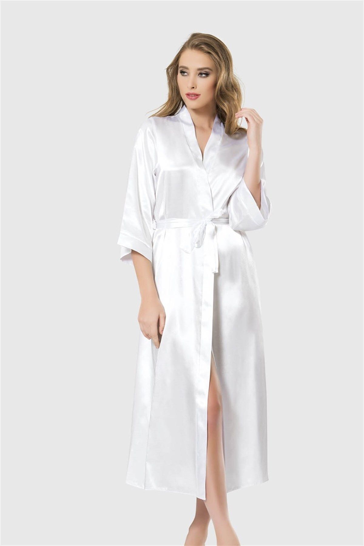 Shop58 Beyaz Uzun Saten Sabahlık