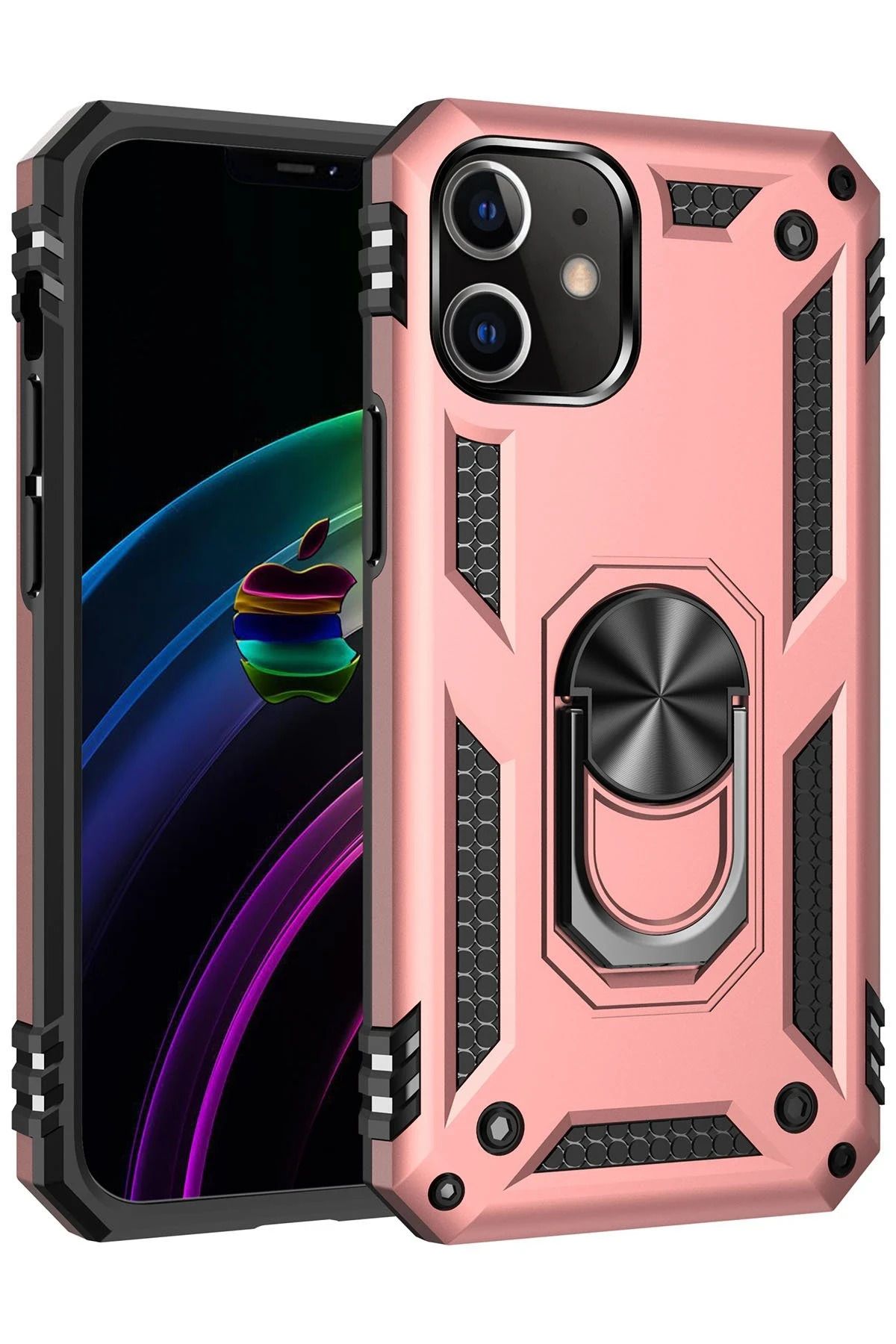NewFace iPhone 12 Kılıf Sofya Yüzüklü Silikon Kapak - Rose GLSTD
