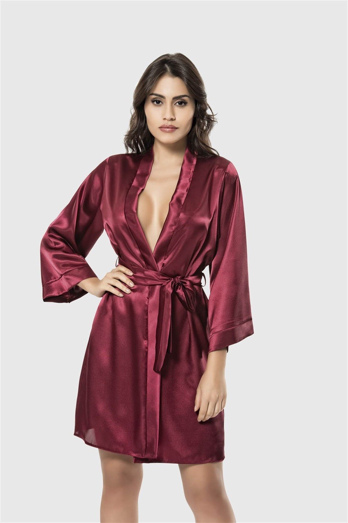Shop58 Hediye Cantam Bordo Kısa Saten Sabahlık