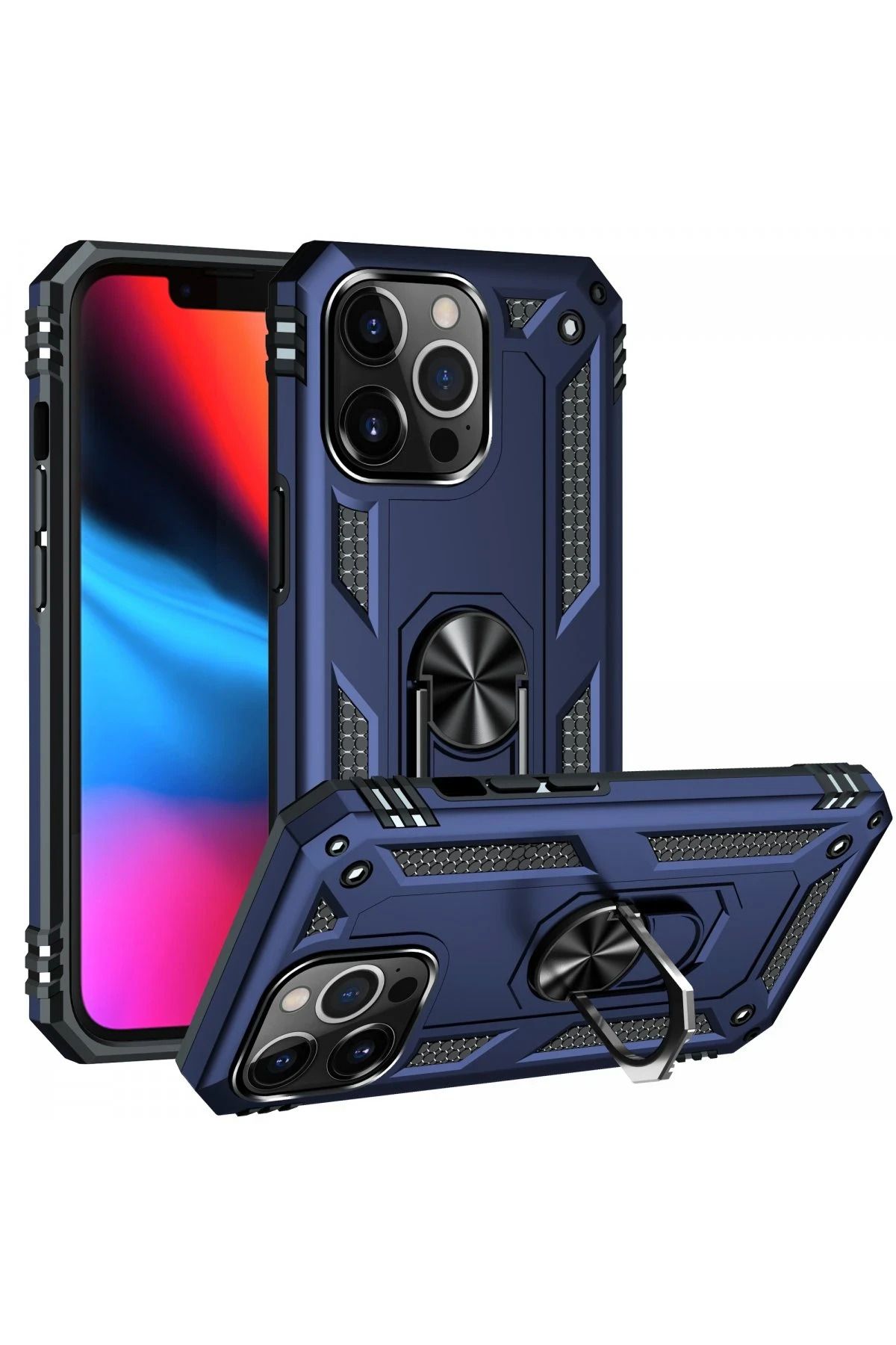 NewFace iPhone 14 Pro Max Kılıf Sofya Yüzüklü Silikon Kapak - Lacivert GLSTD