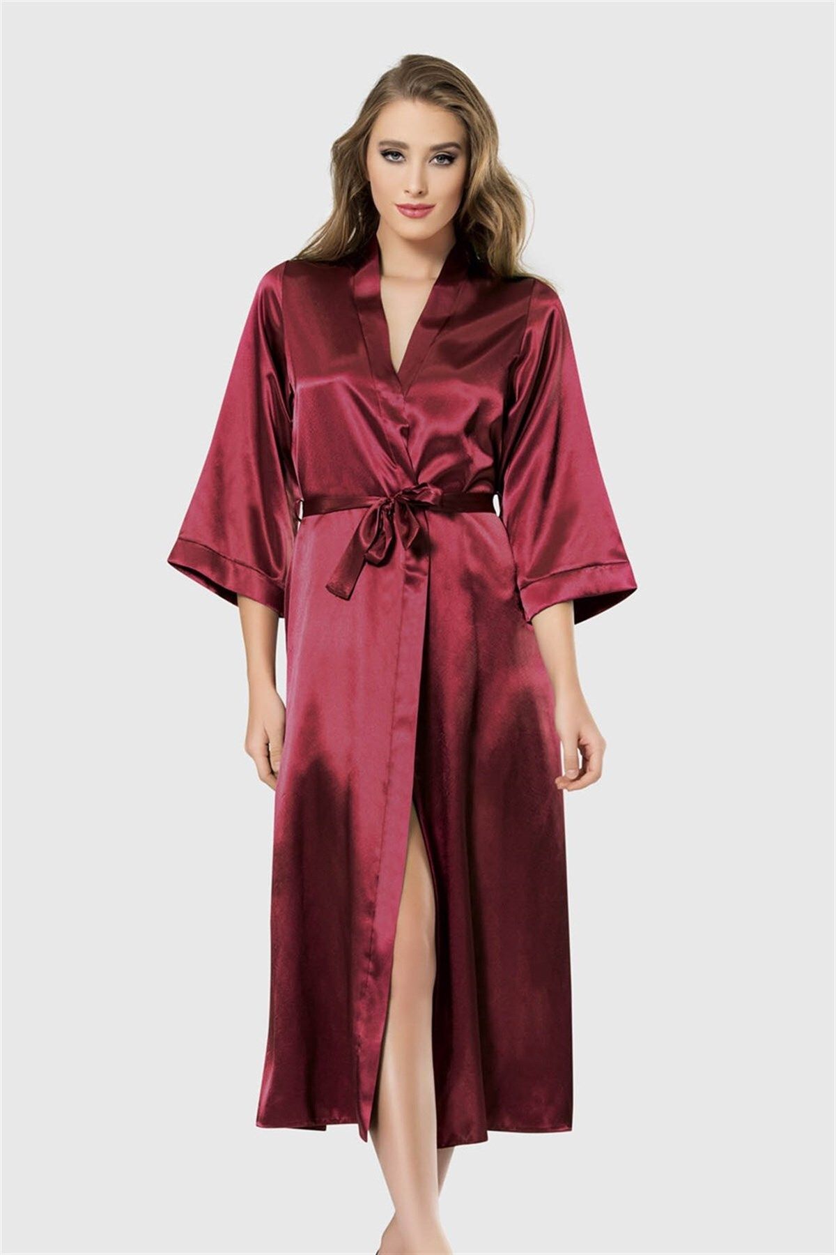 Shop58 Bordo Uzun Saten Sabahlık