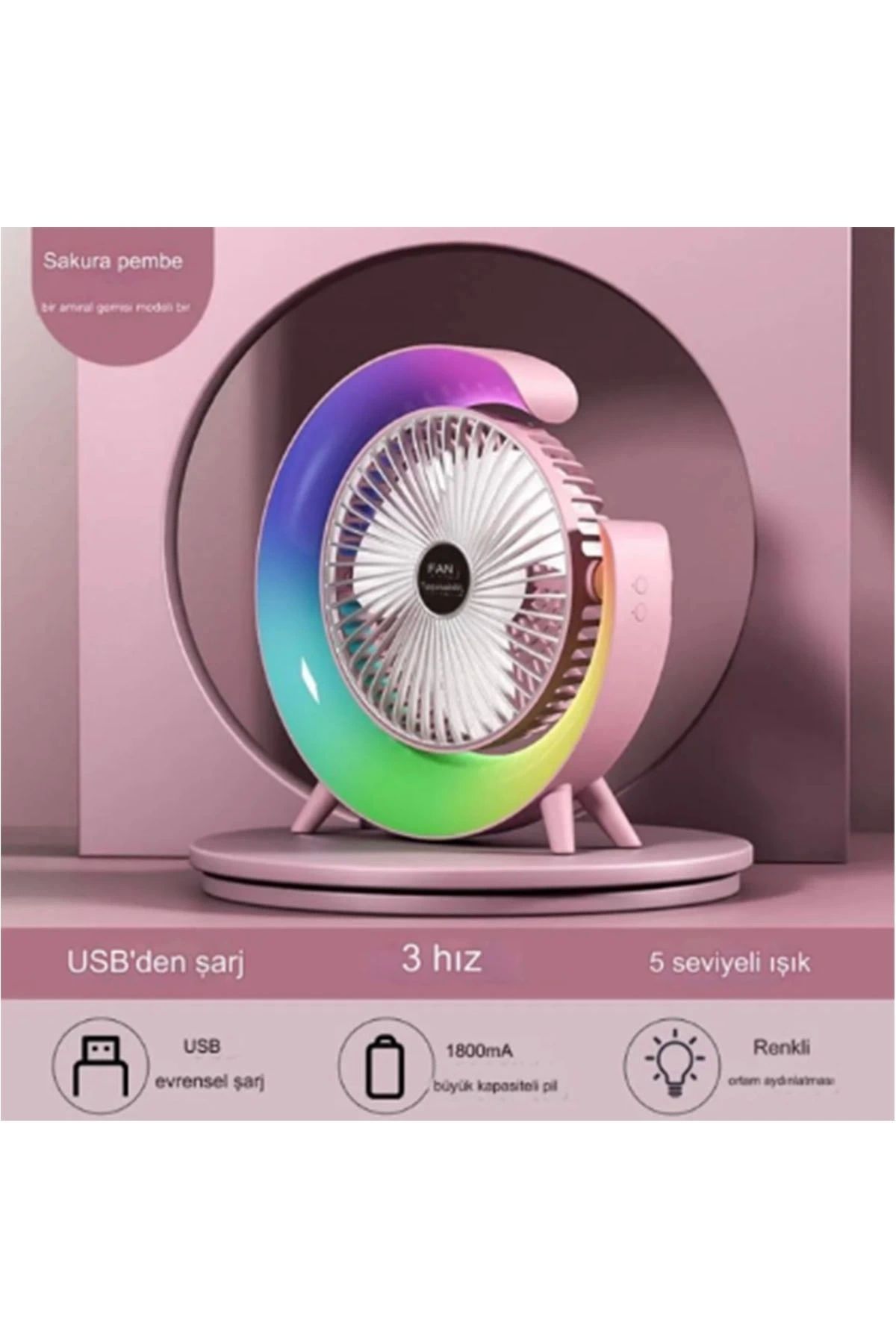 YNT İthalat Masaüstü Vantilatör Usb Şarjlı Rgb Led Işıklı 3 Kademeli 180° Ayarlanabilir Soğutucu Fan Pembe