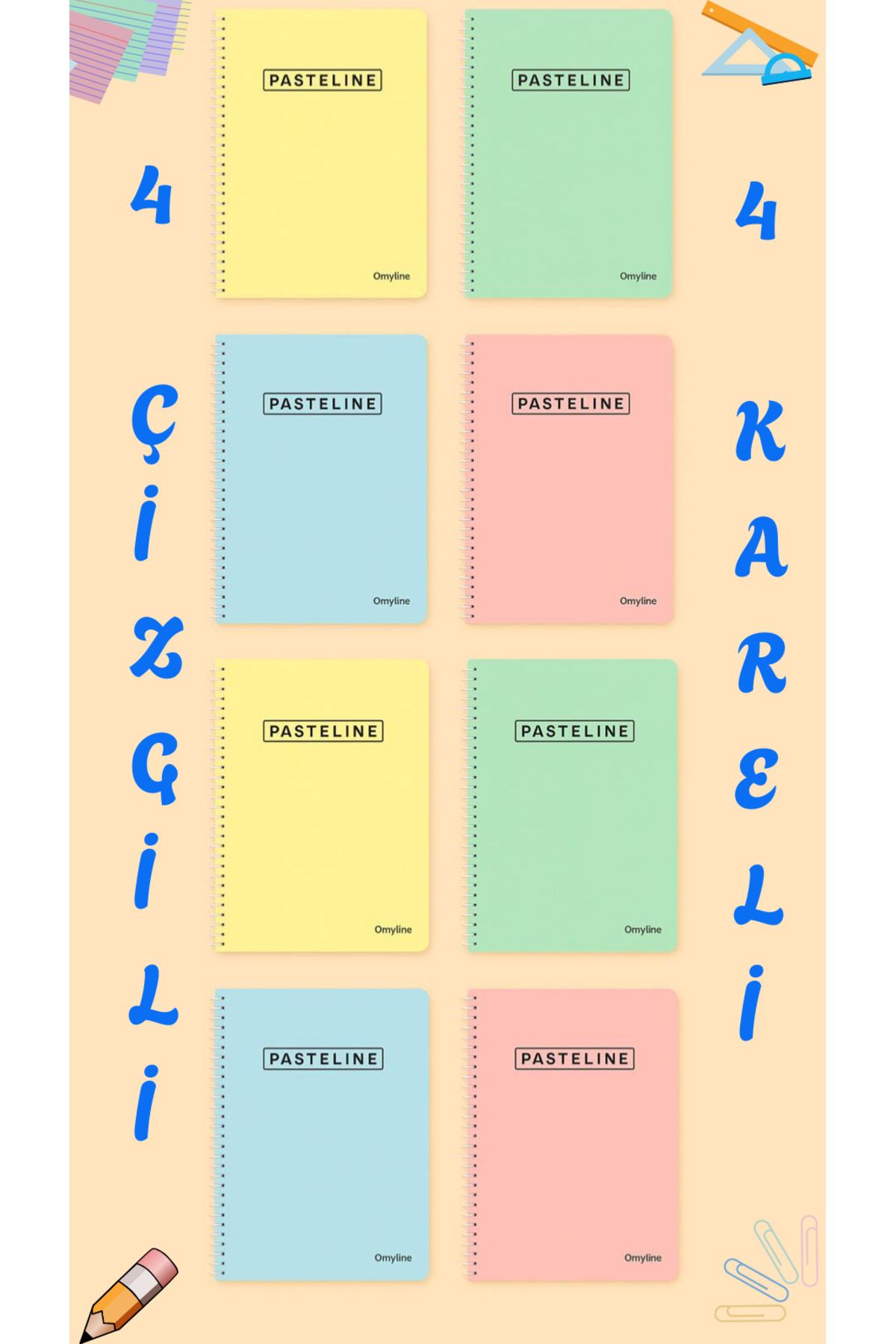 Yenbu Pastel Renk (8'li Paket) A4 72 Yaprak 4 Kareli + 4 Çizgili Plastik Kapak Defter Seti