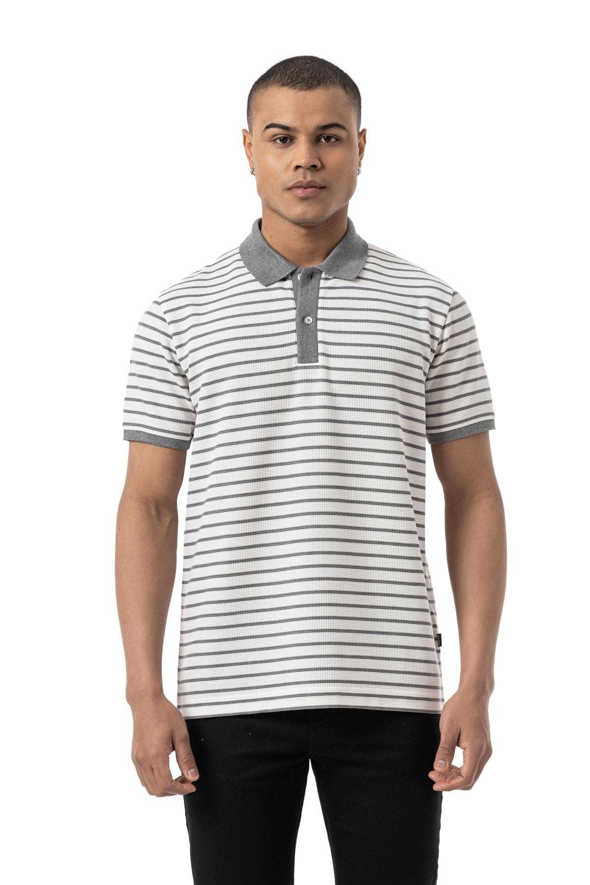 rugatchi Büyük Beden Yatay Çizgili Waffle Polo T-Shirt