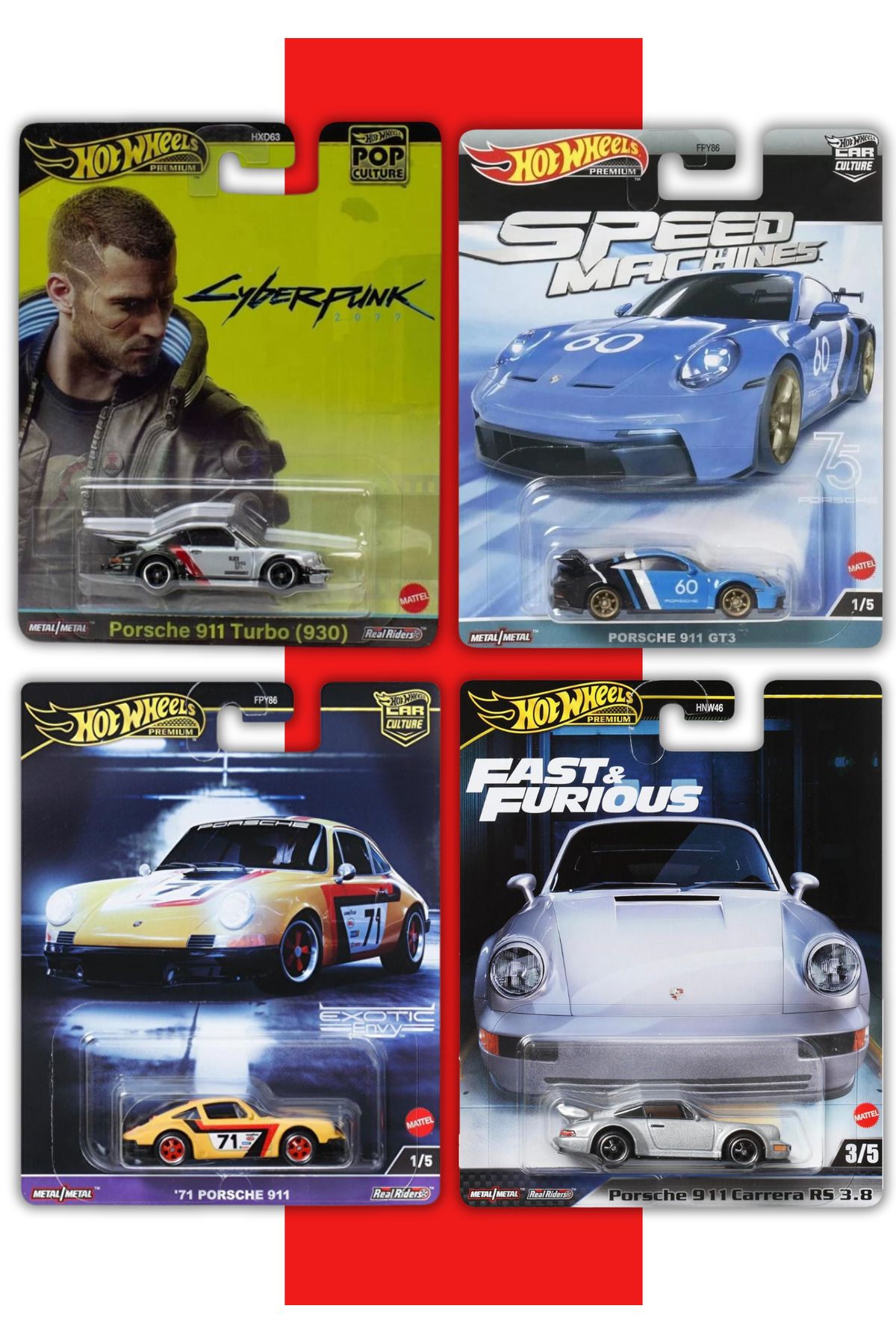 HOT WHEELS Premium Porsche 911 Koleksiyonu, 4'lü Set HXD95-HKC44-HKC80-HRT97