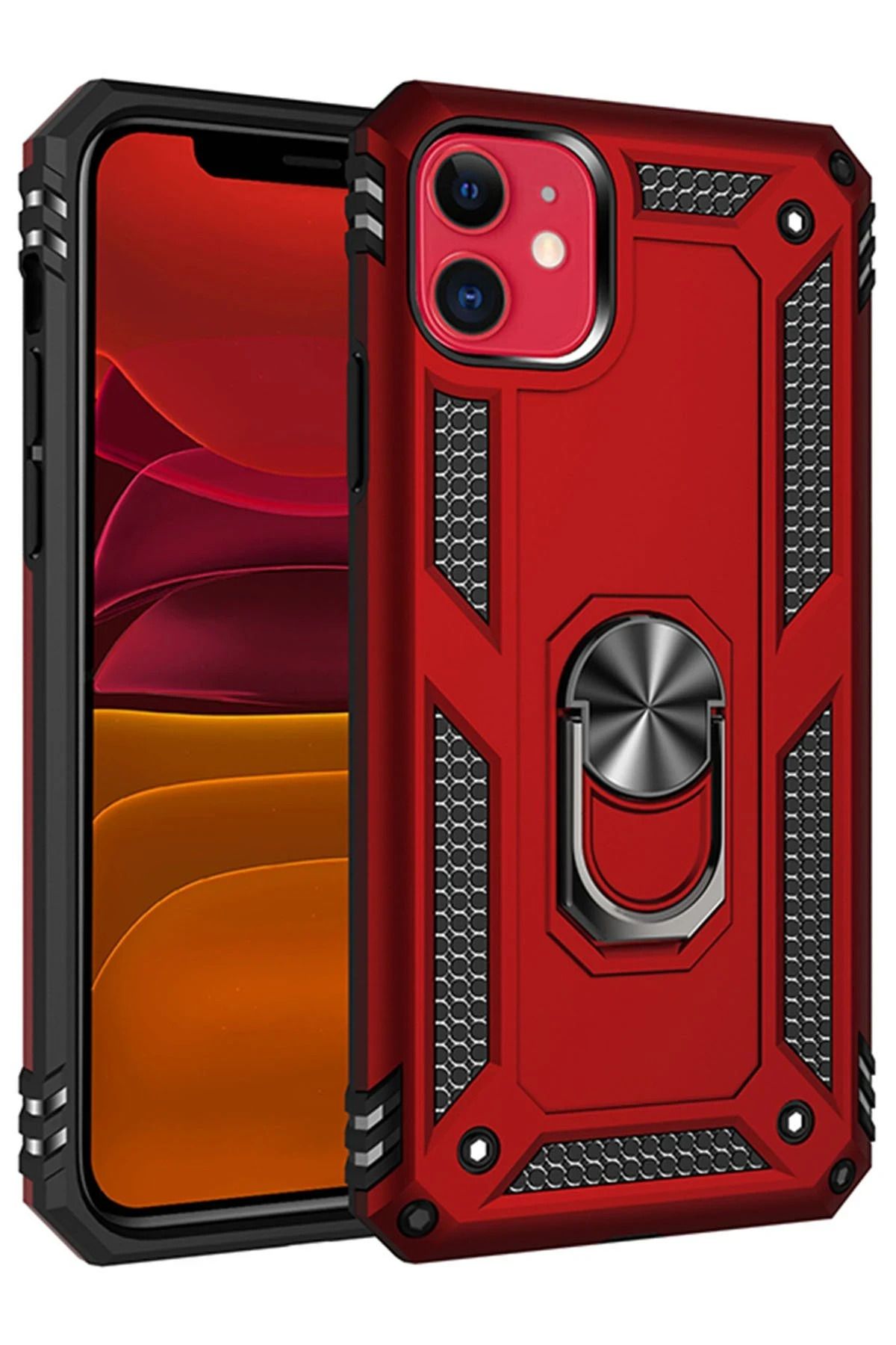 NewFace iPhone 11 Kılıf Sofya Yüzüklü Silikon Kapak - Kırmızı GLSTD