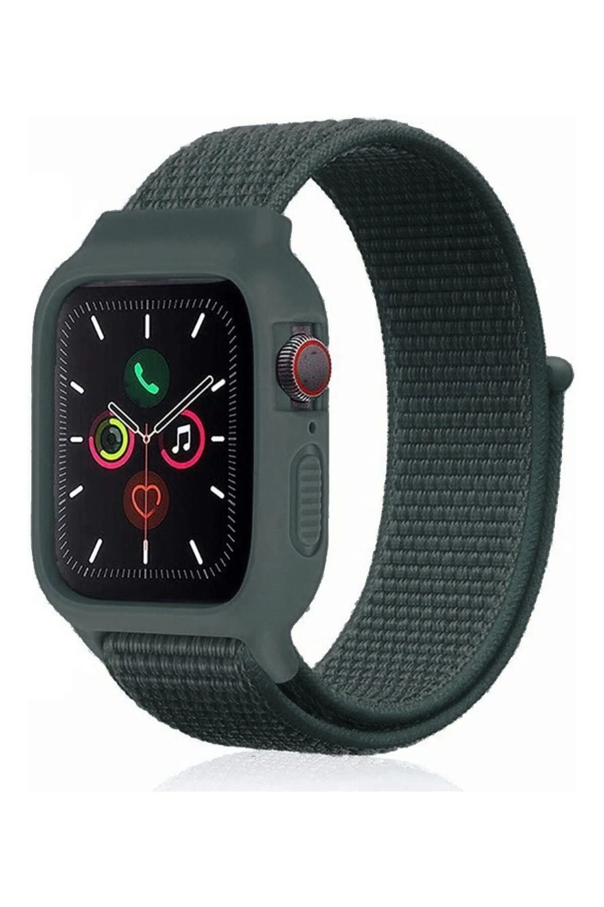 NewFace Apple Watch 42mm Hasırlı Cırtcırtlı Kasalı Kordon - Haki Yeşil SVLRS