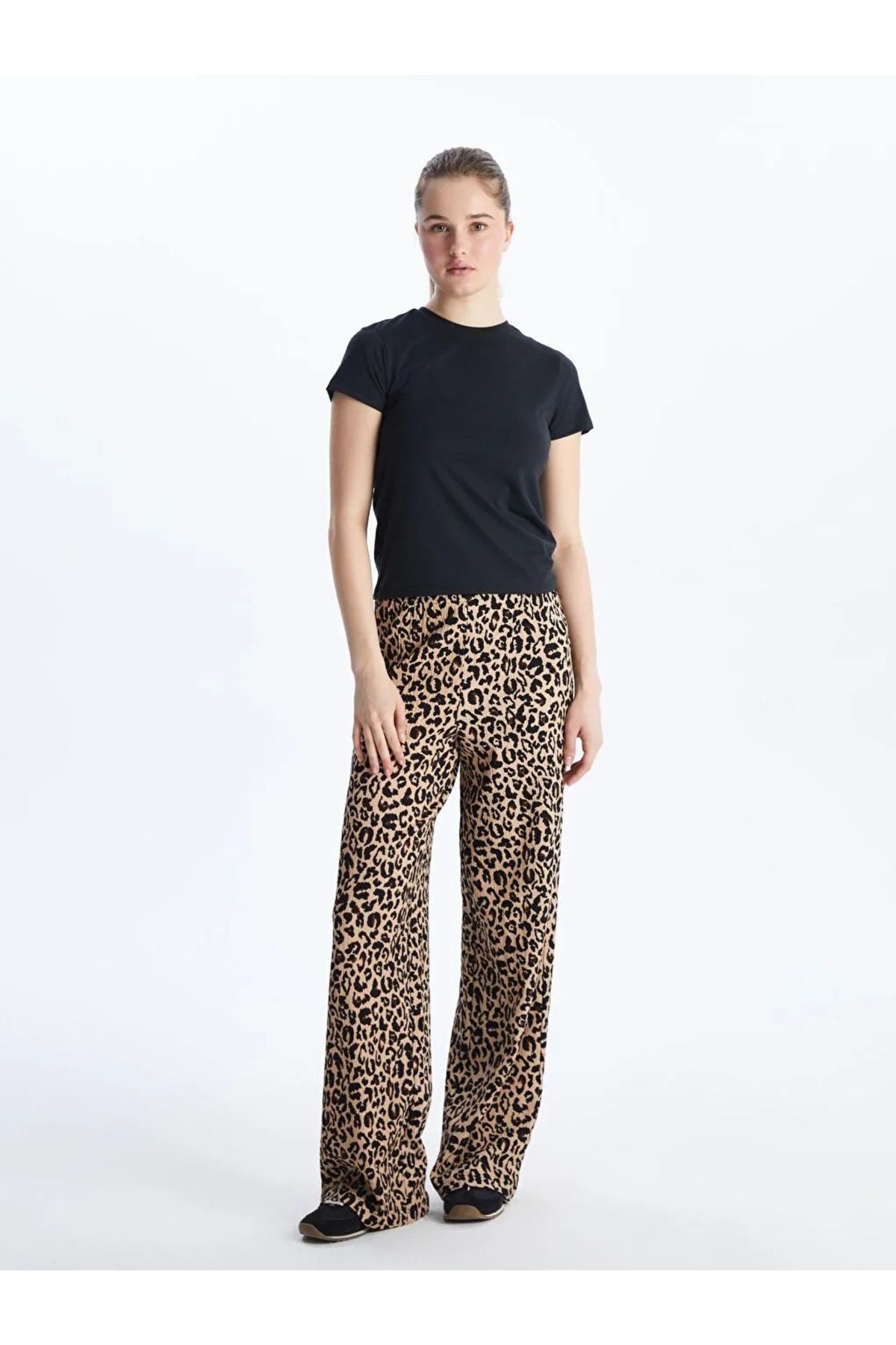LC Waikiki LCW Vision Siyah Beli Lastikli Leopar Desenli Kadın Pantolon