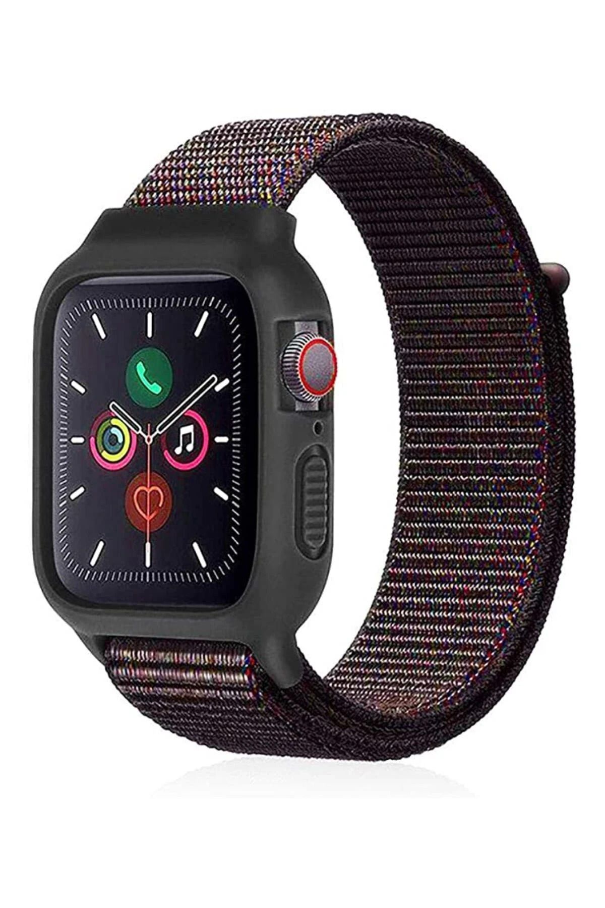 NewFace Apple Watch 38mm Hasırlı Cırtcırtlı Kasalı Kordon - Siyah-Pembe WLZOR