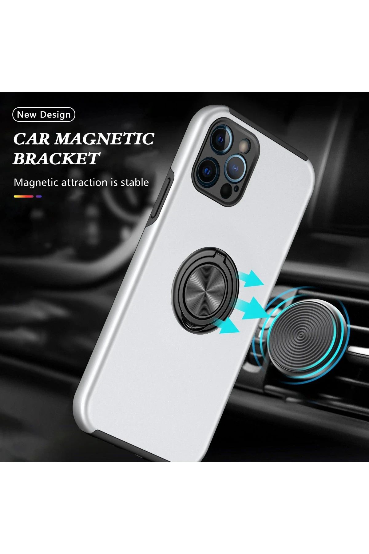 NewFace iPhone 12 Pro Kılıf Elit Yüzüklü Kapak - Gümüş NRMSA