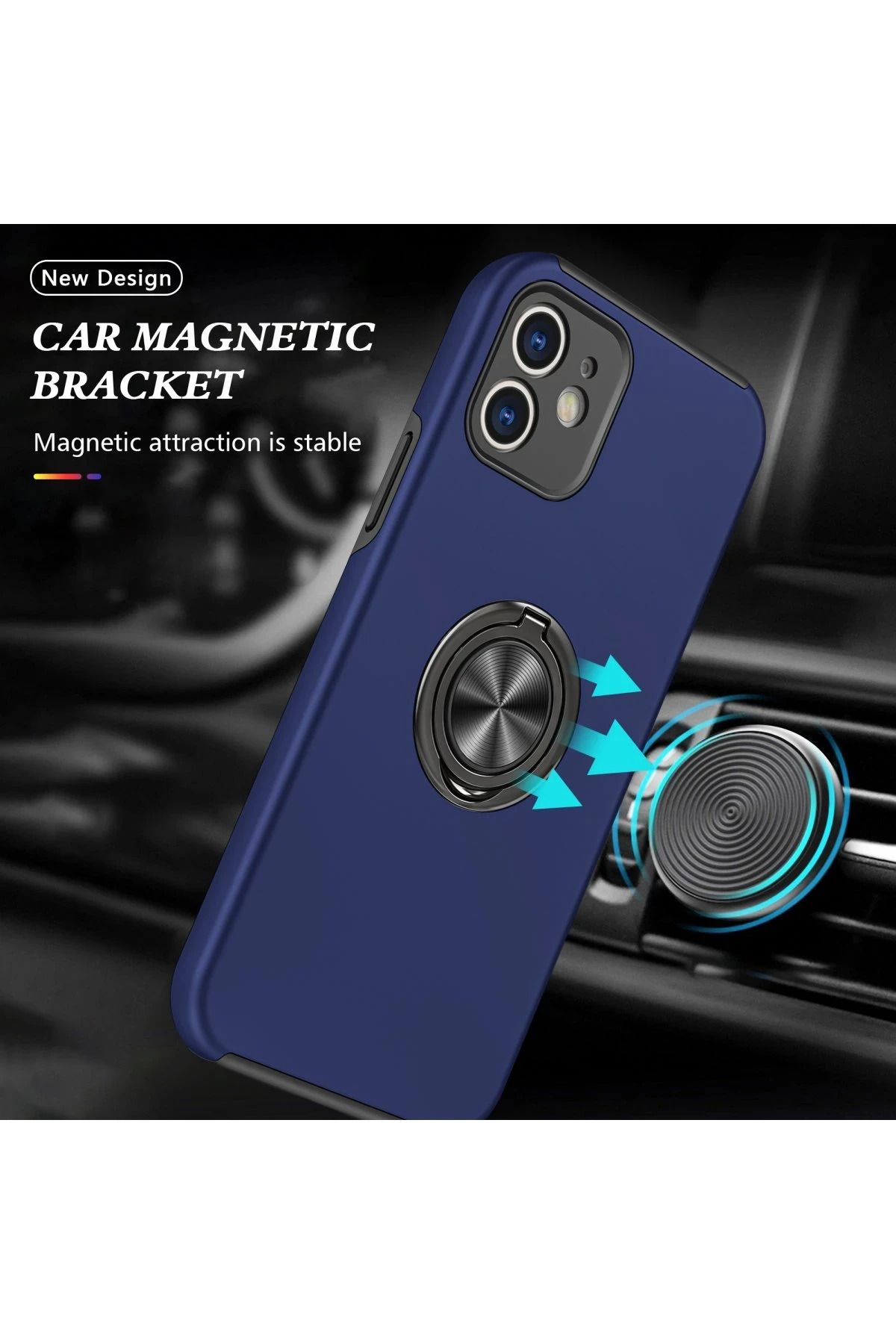 NewFace iPhone 12 Kılıf Elit Yüzüklü Kapak - Lacivert NRMSA