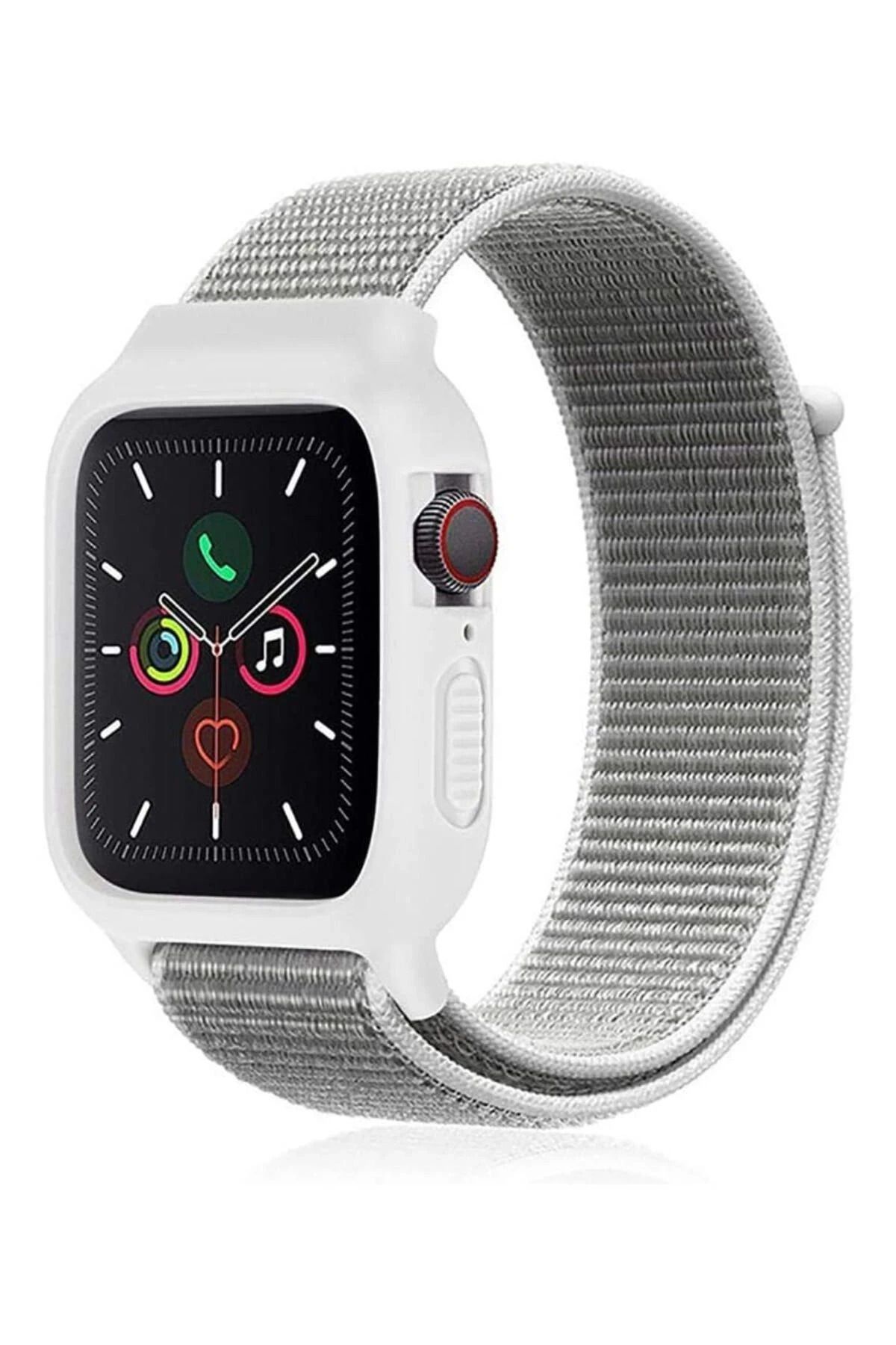 NewFace Apple Watch 42mm Hasırlı Cırtcırtlı Kasalı Kordon - Beyaz WLZOR