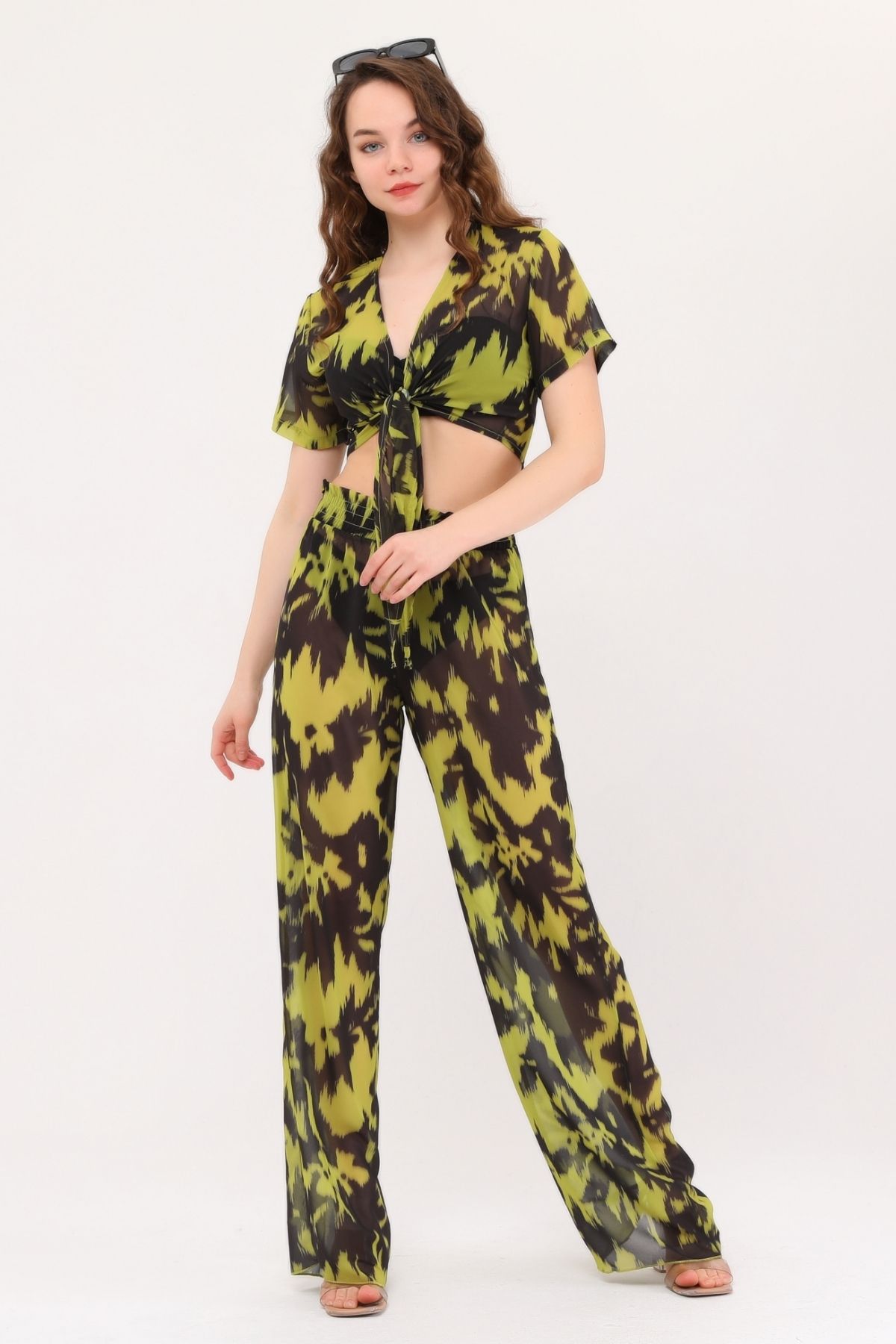Bolder Nico Set Siyah Yeşil Batik Desen Plaj Pantolonlu Crop Takım
