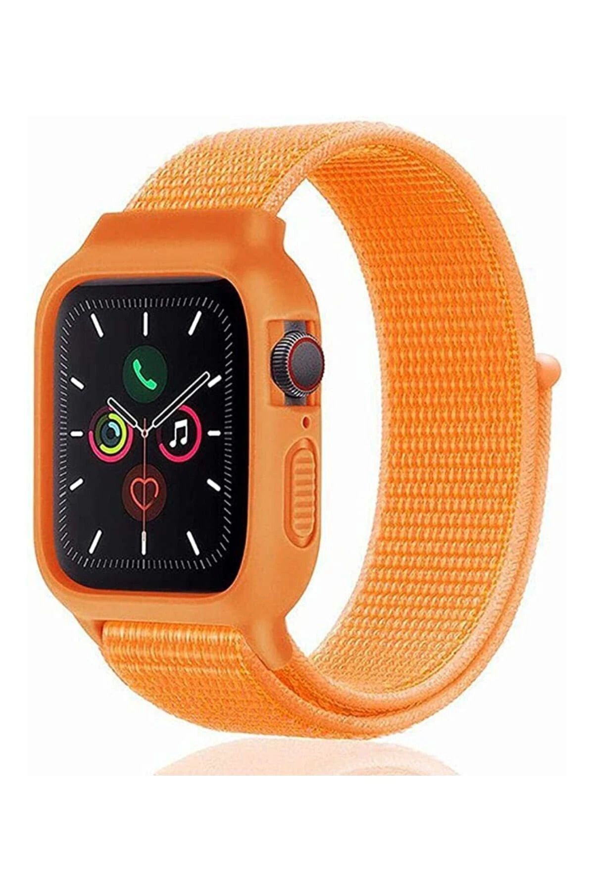 NewFace Apple Watch 42mm Hasırlı Cırtcırtlı Kasalı Kordon - Turuncu SVLRS