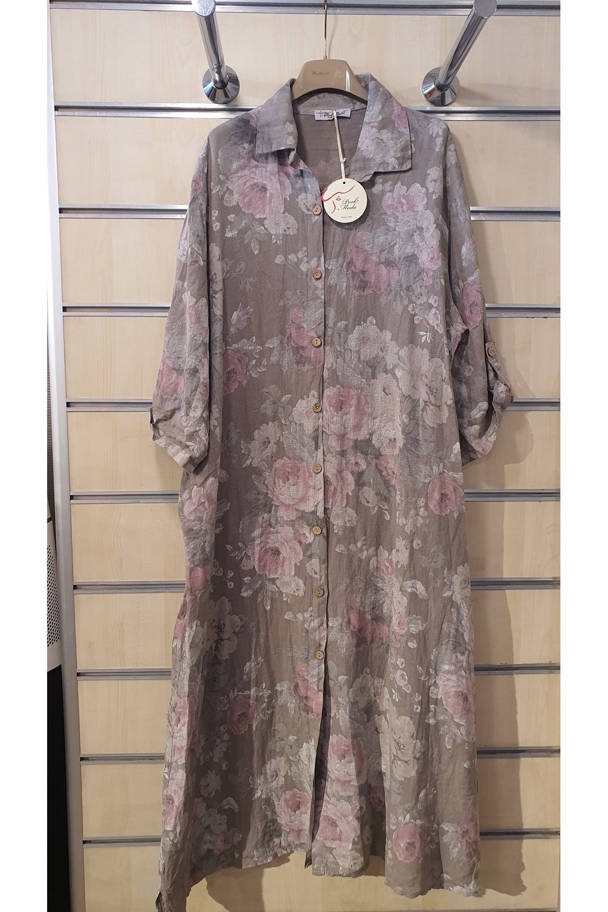 Park Moda GÜL DESEN UZUN KETEN GÖMLEK ELBİSE
