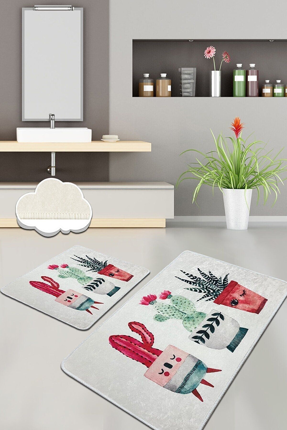 Casaculina Mutlu Kaktüs 2'li Set Banyo Halısı Paspas - Klozet Takımı, Yıkanabilir, Kaymaz Taban 60x100 / 60x50