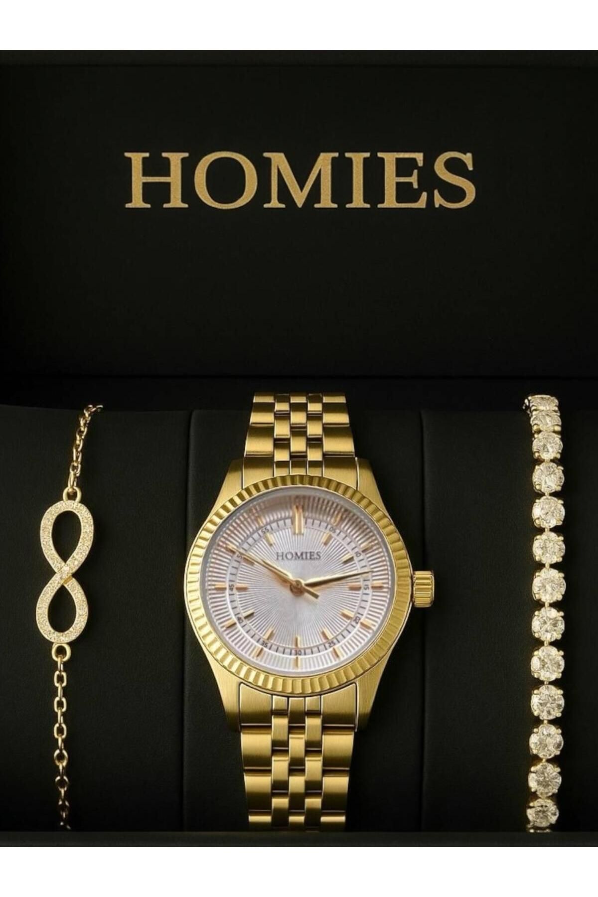 Homies Kadın Kol Saati Seti – Gold Saat + Taşlı Sonsuzluk Bileklik + Su Yolu Bileklik – Hediye Kutulu