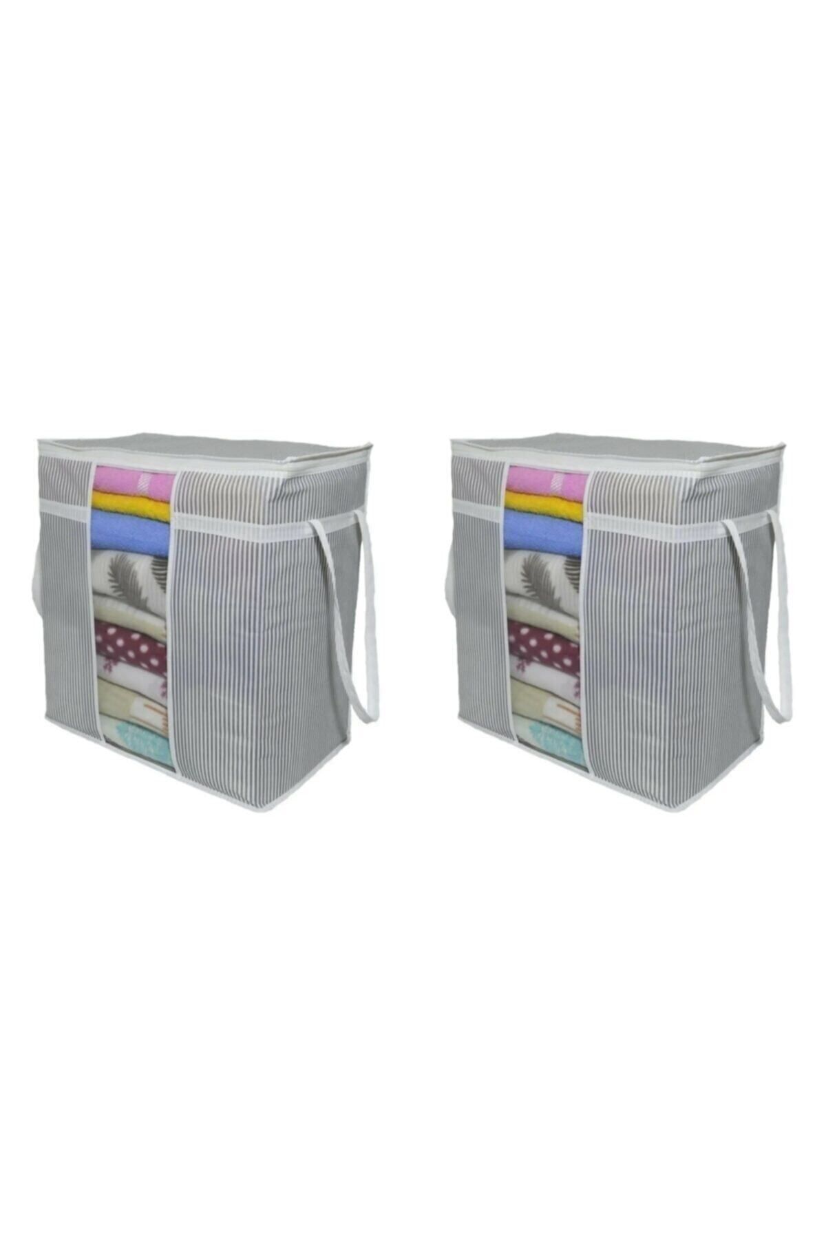 MuiStore 2 Adet - Pencereli Saklama Çantası - Pencereli Battaniye Hurcu 30x45x50cm - Çizgili Model