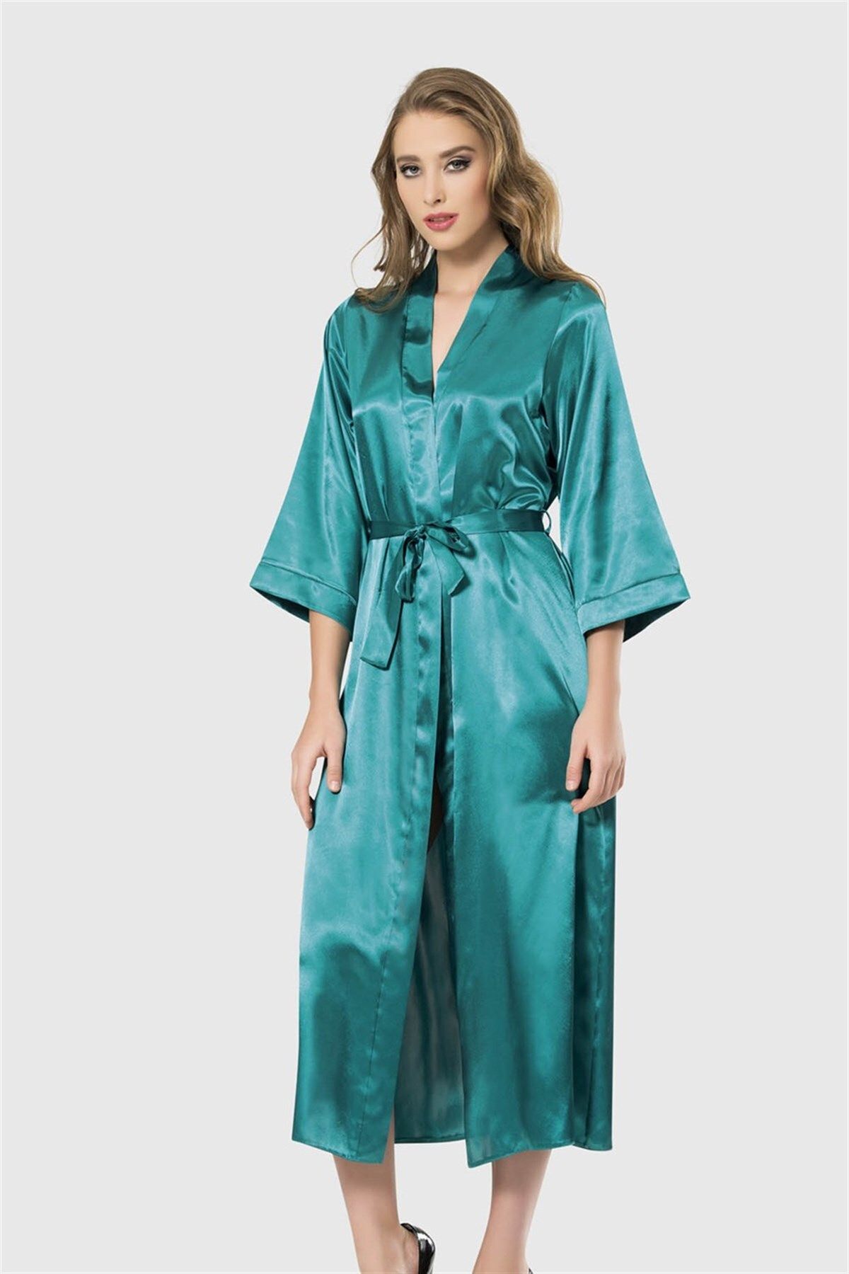 Shop58 Hediye Cantam Zümrüt Uzun Saten Sabahlık
