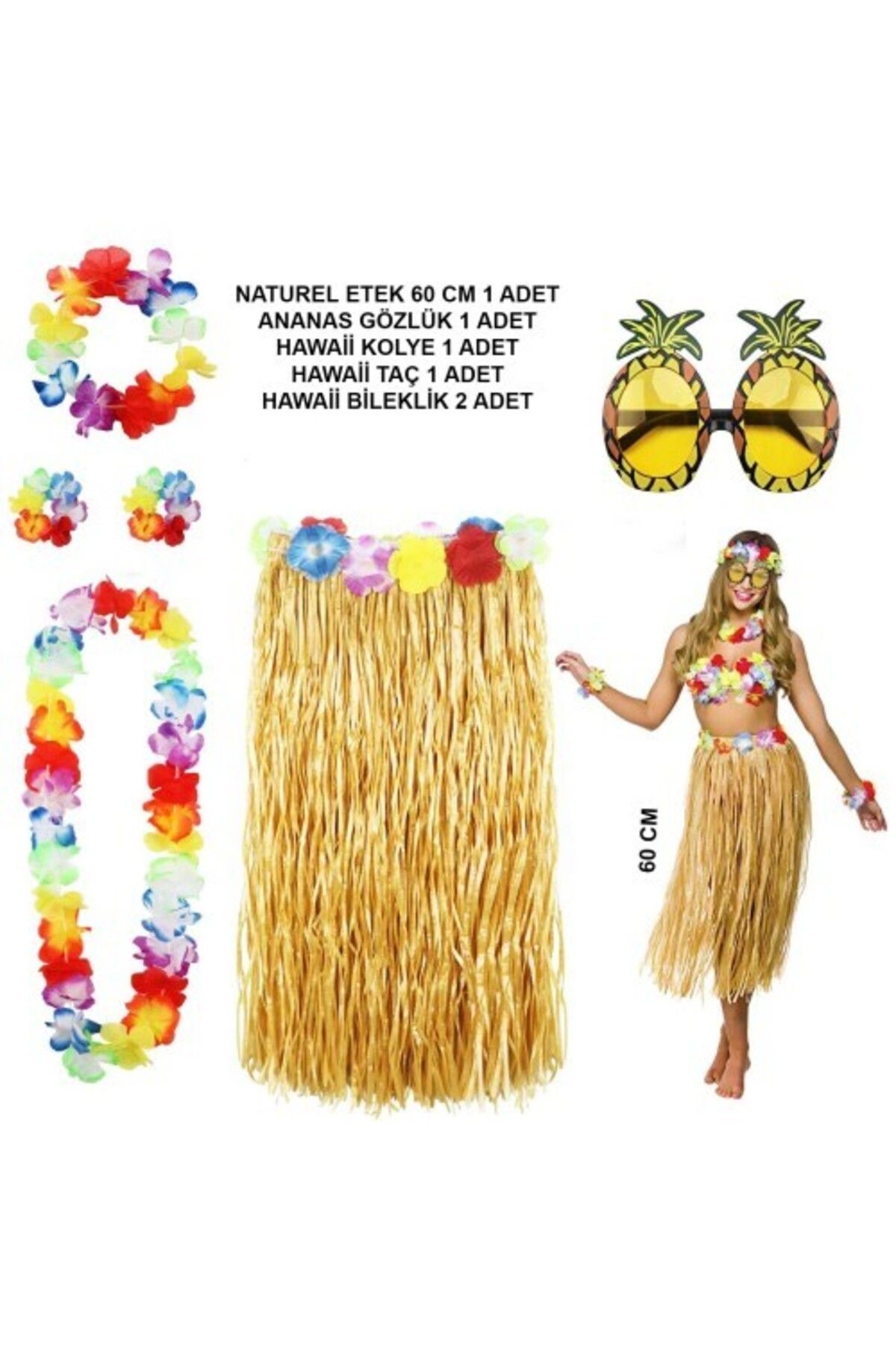 Otocub Hawaii Parti Kostüm Seti - 60 cm Hasır Etek, Çiçekli Aksesuarlar ve Ananas Gözlük