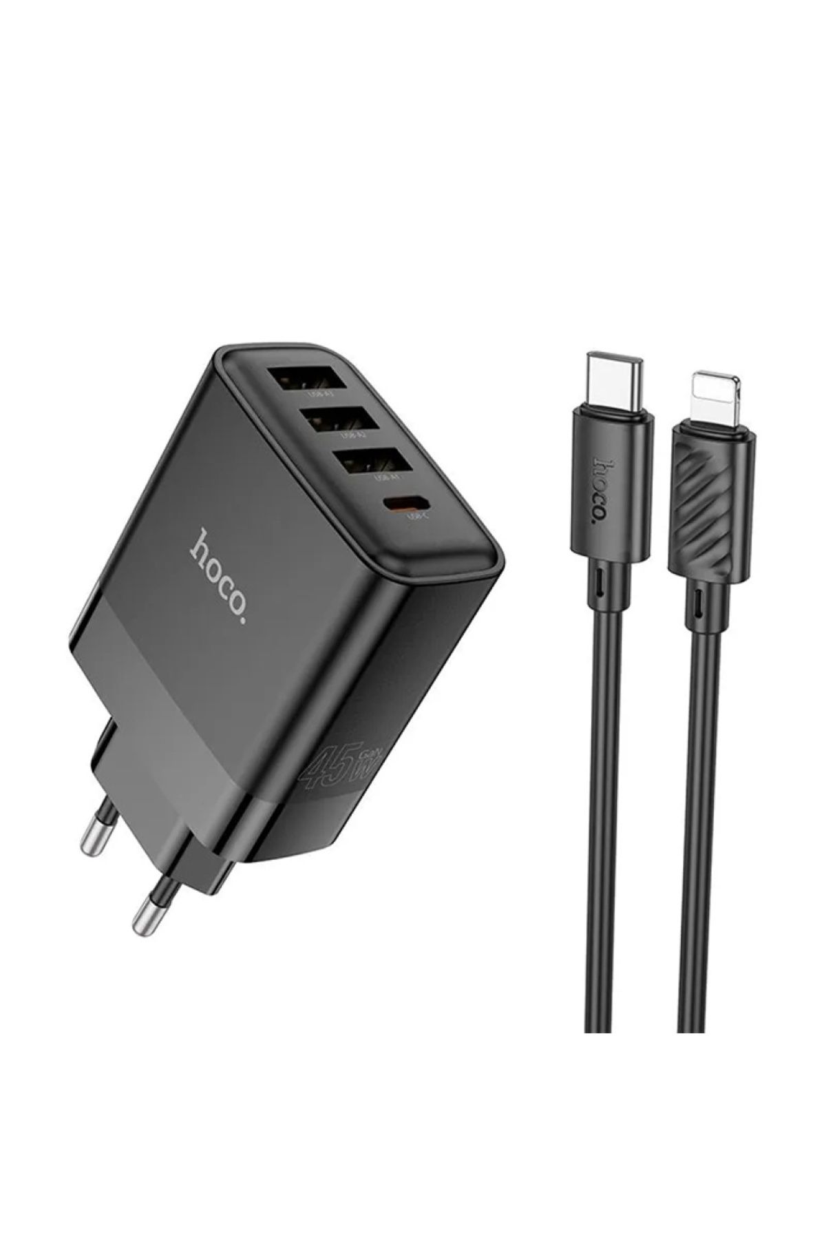 Hoco C127A PD45W(1C3A) Hızlı Şarj Aleti + Type-C to iPhone Lightning Kablo Seti (Siyah)