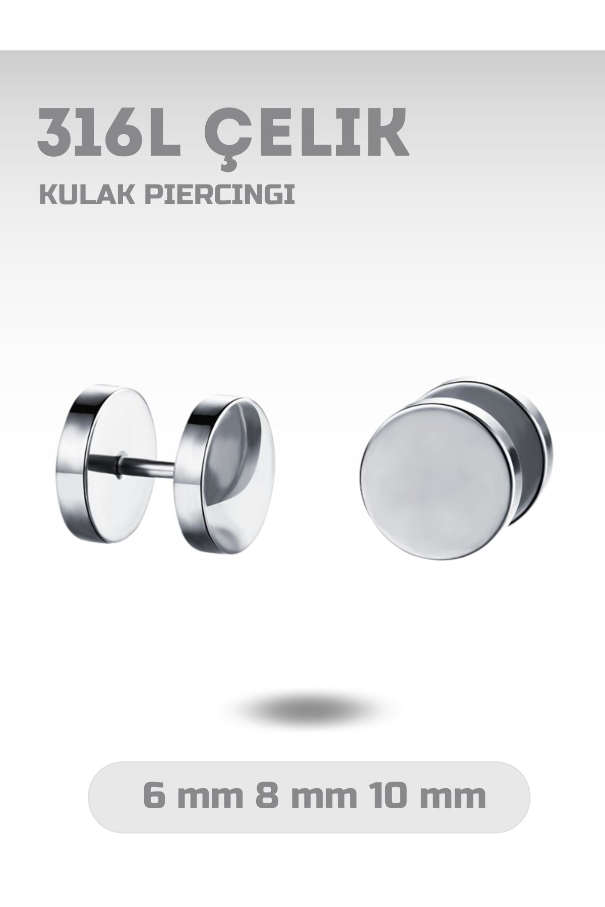 Luckshery Kulakta Tünel Efektli Medikal Çelik Küpeler (Siyah/Gümüş), 6/8/10 mm Boyutlarında