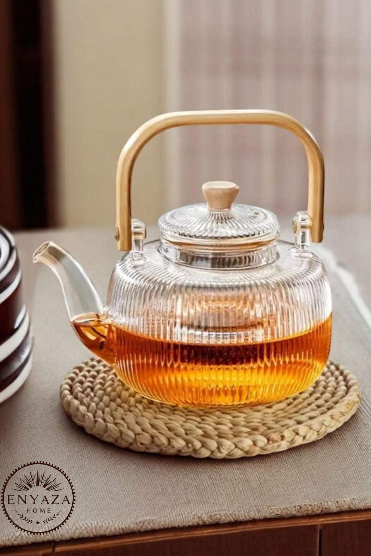 ENYAZA(2024) 1000ml Bambu Kapaklı Isıya Dayanıklı Cam Bitki Çayı Demliği Cam Süzgeçli