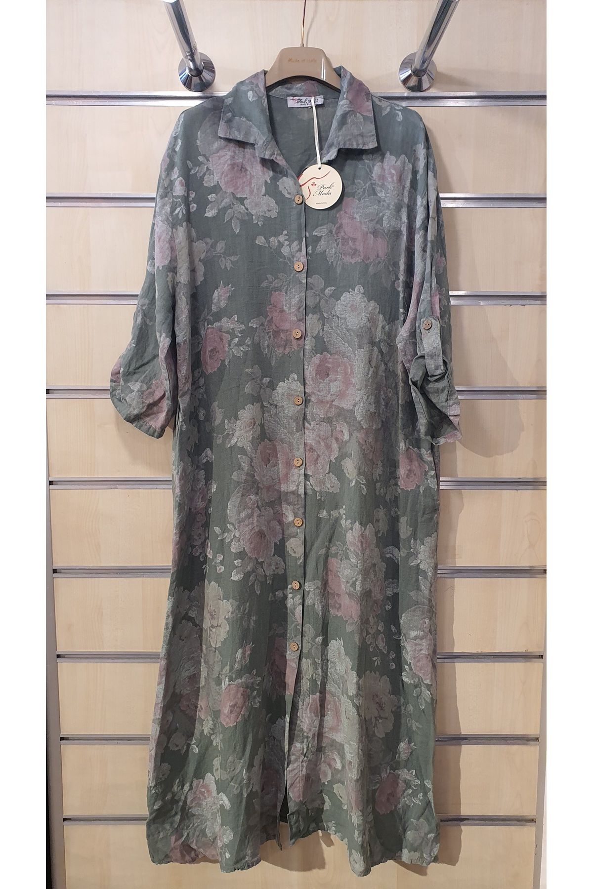 Park Moda GÜL DESEN UZUN KETEN GÖMLEK ELBİSE